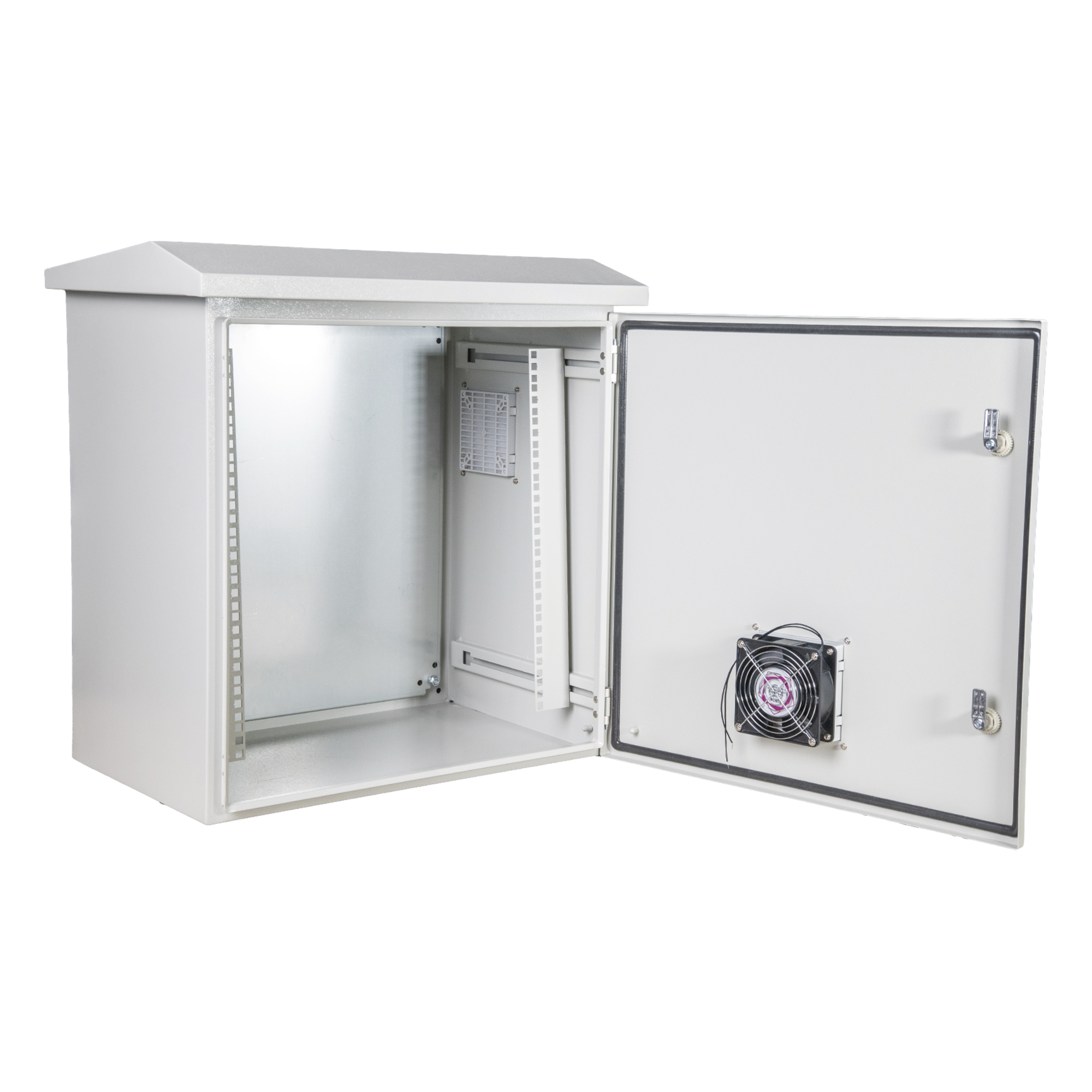 Kit Gabinete Ventilado de Acero, Rack 19" 11U, IP55 Uso en Exterior (593 x 609 x 399 mm) con Placa Trasera Interior Metálica y Compuerta Inferior Atornillable. Incluye Ventilador, Ventilas, filtros, Terminal de Tierra Física.