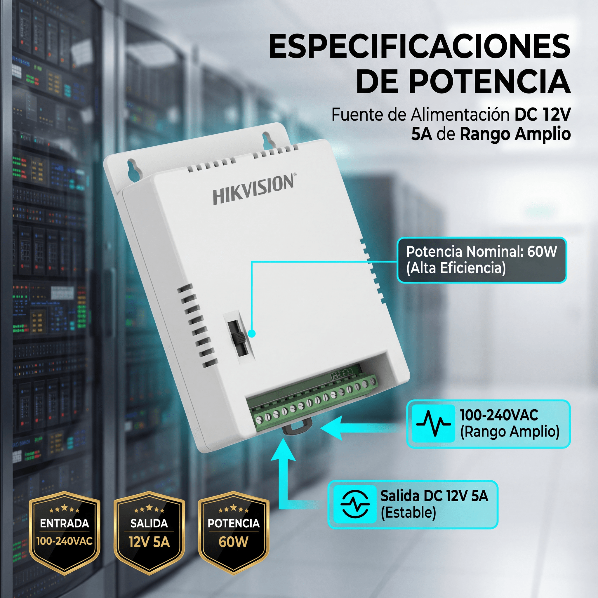 Fuente de Poder Regulada 12 Vcc / 13.5 Vcc / 15 Vcc para 8 Cámaras / 8 Amperes (1 Amp por Salida) / Voltaje de Entrada 90 - 130 VCA / Filtro de Ruido para Cámaras 4K / Modo para Largas Distancias