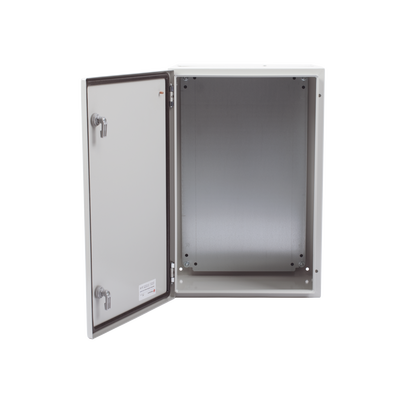 Gabinete de Acero IP66 Uso en Intemperie (400 x 600 x 250 mm) con Placa Trasera Interior Metálica y Compuerta Inferior Atornillable (Incluye Chapa y Llave T).