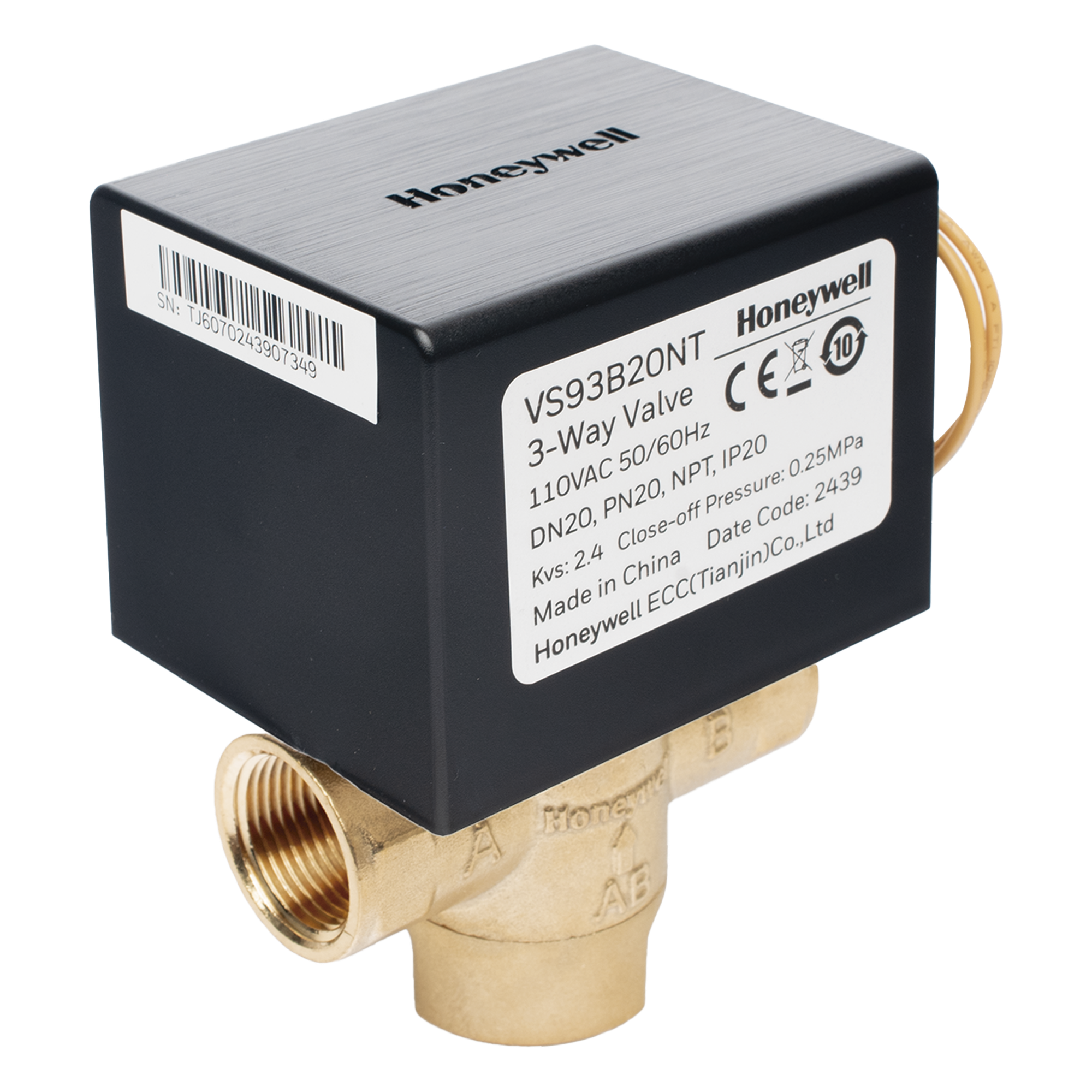 Válvula de control eléctrica de 3 vías para fancoil, retorno por resorte, normalmente cerrada, 110 V CA, DN20 (3/4"), conexión NPT — HONEYWELL BMS · SKU VS93B20NT