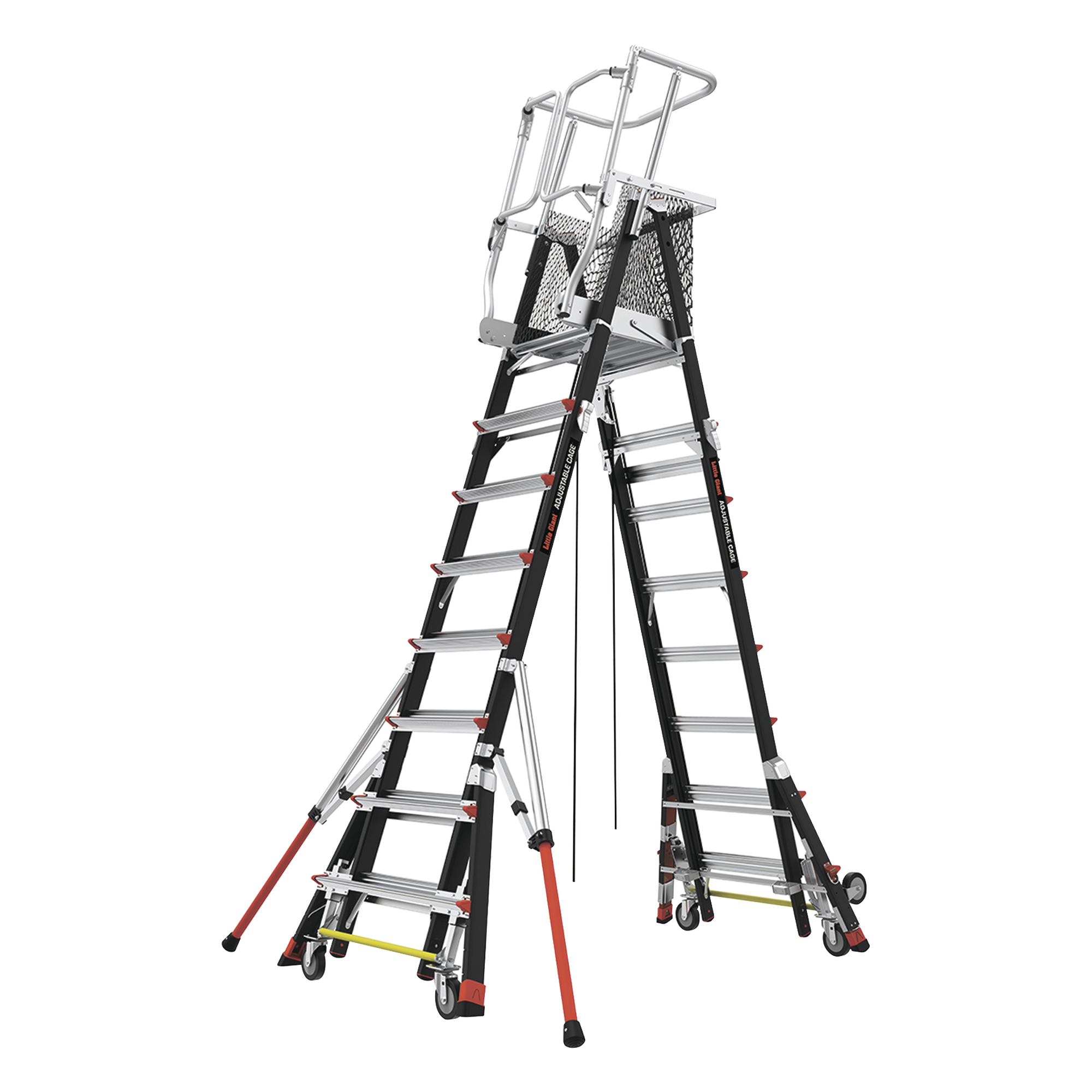 Escalera de Fibra de Vidrio con Jaula de 8'-14' (2.44 - 4.27 m). Con Ajuste en Ruedas (RATCHET™ Leveler) (SKU:18515-817). — Little Giant Ladder Systems · SKU CAGE8FTR