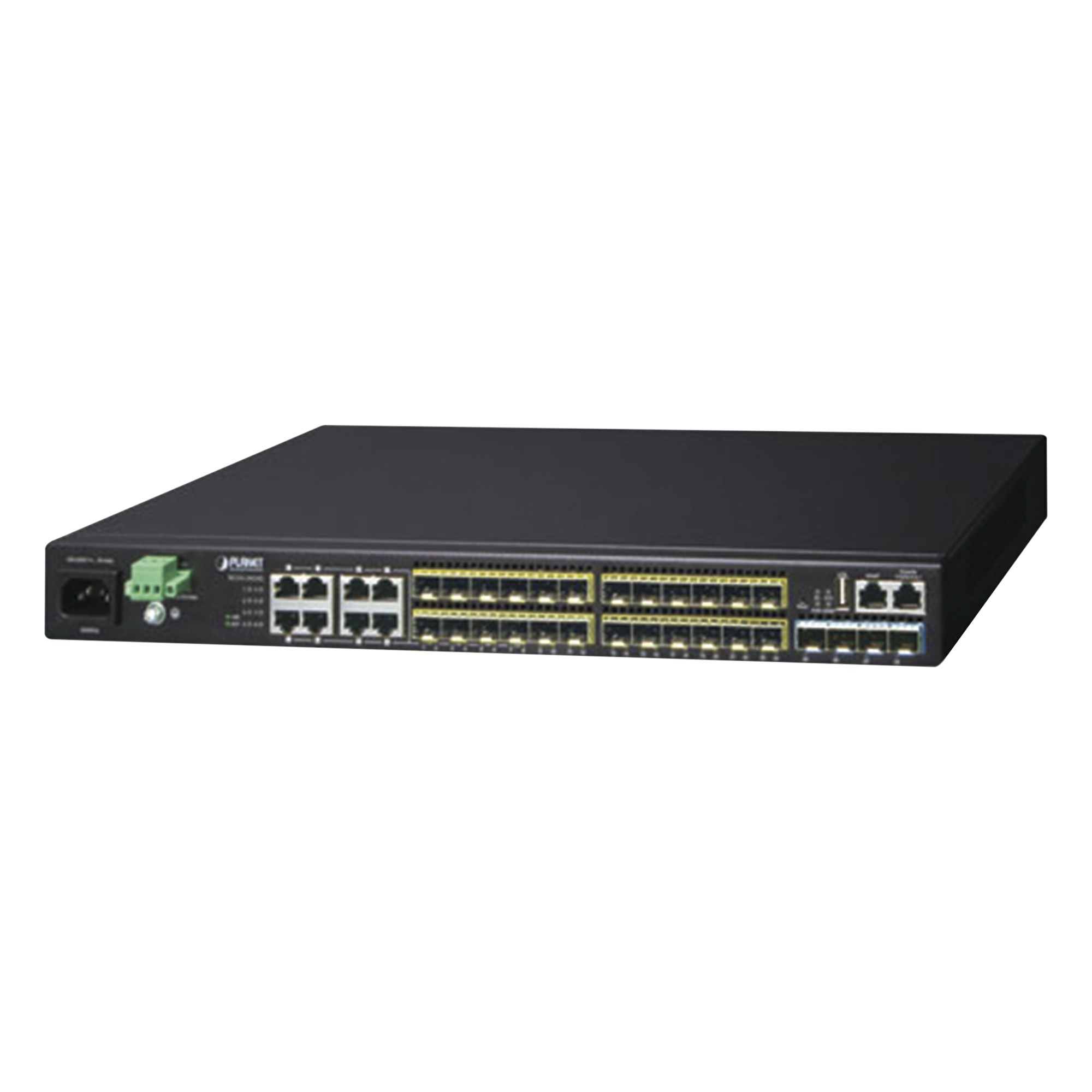 Switch Core Capa 3, 24 Puertos SFP 100/1000X, 8 Puertos Compartidos Gigabit Ethernet, 4 Puertos SFP de 10 Gbps — PLANET · SKU XGS3-24242-V3