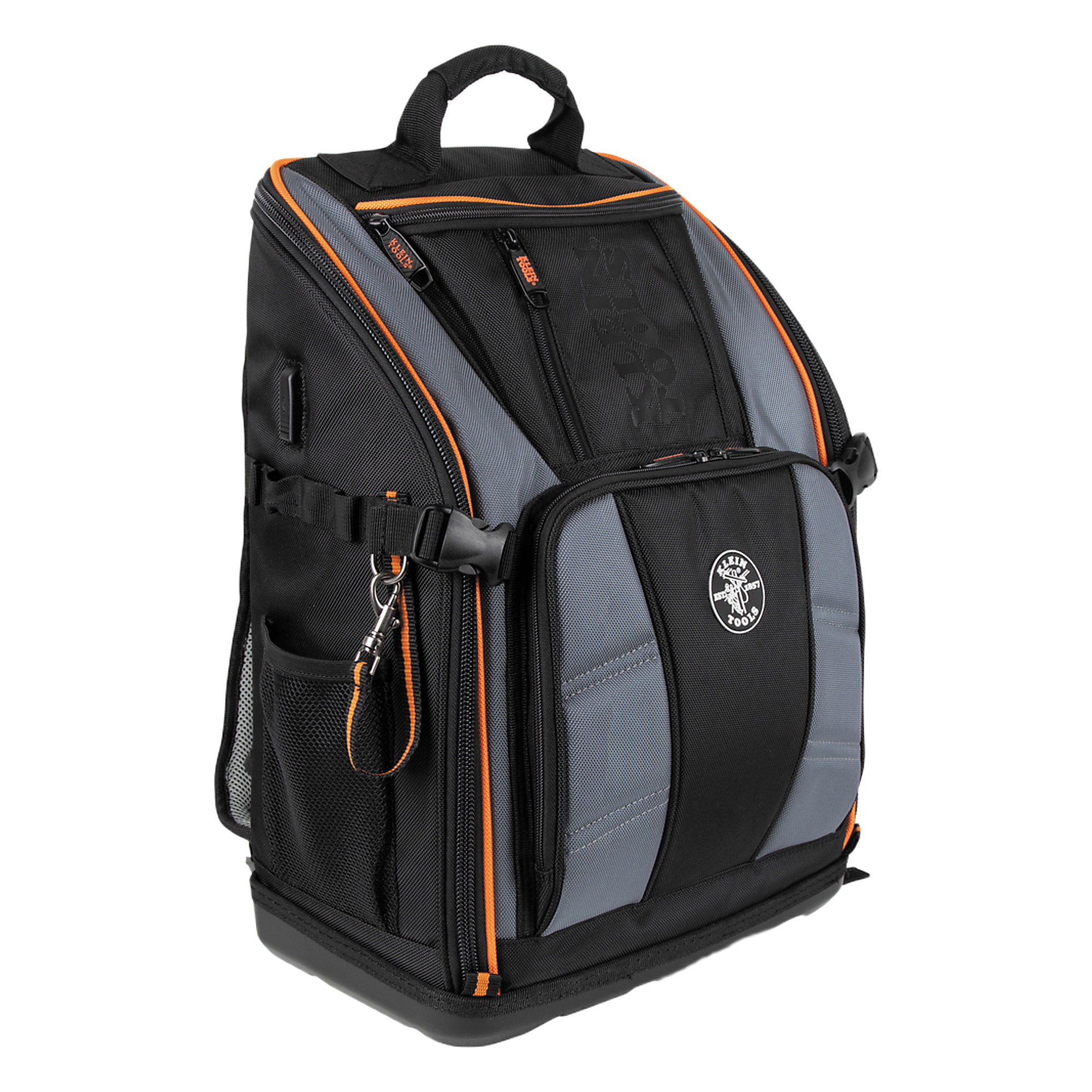 Mochila Profesional para Herramientas / 27 Bolsillos / Acceso Rápido y Estación de Trabajo / Base Moldeada Ancha / Interior Naranja / USB-C / Soporte para Lámpara — KLEIN TOOLS · SKU 62482
