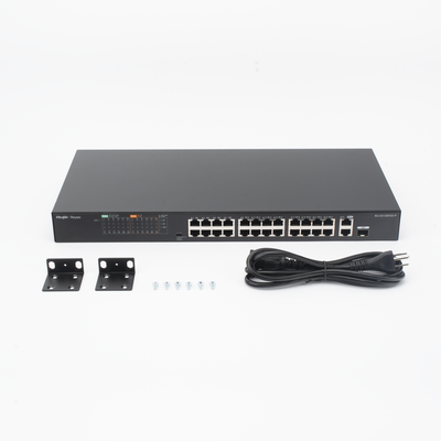 Switch PoE+ no Administrable, hasta 370 Watts Ideal para CCTV, 24 Puertos 10/100 PoE+, 2 Uplinks Gigabit (1 SFP COMBO)