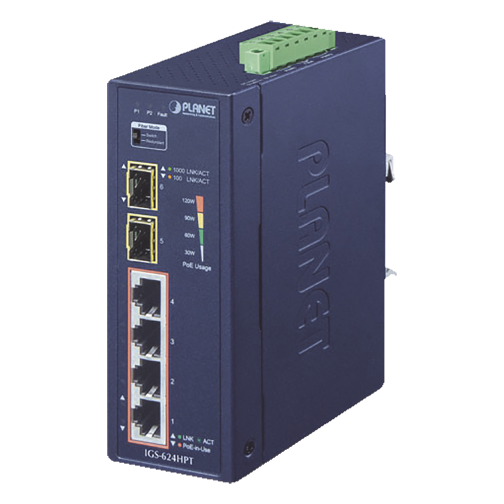 Switch PoE Industrial No Administrable de 4 Puertos PoE 10/100/1000T 802.3at, 2 Puertos SFP 10/1000X — PLANET · SKU IGS-624HPT