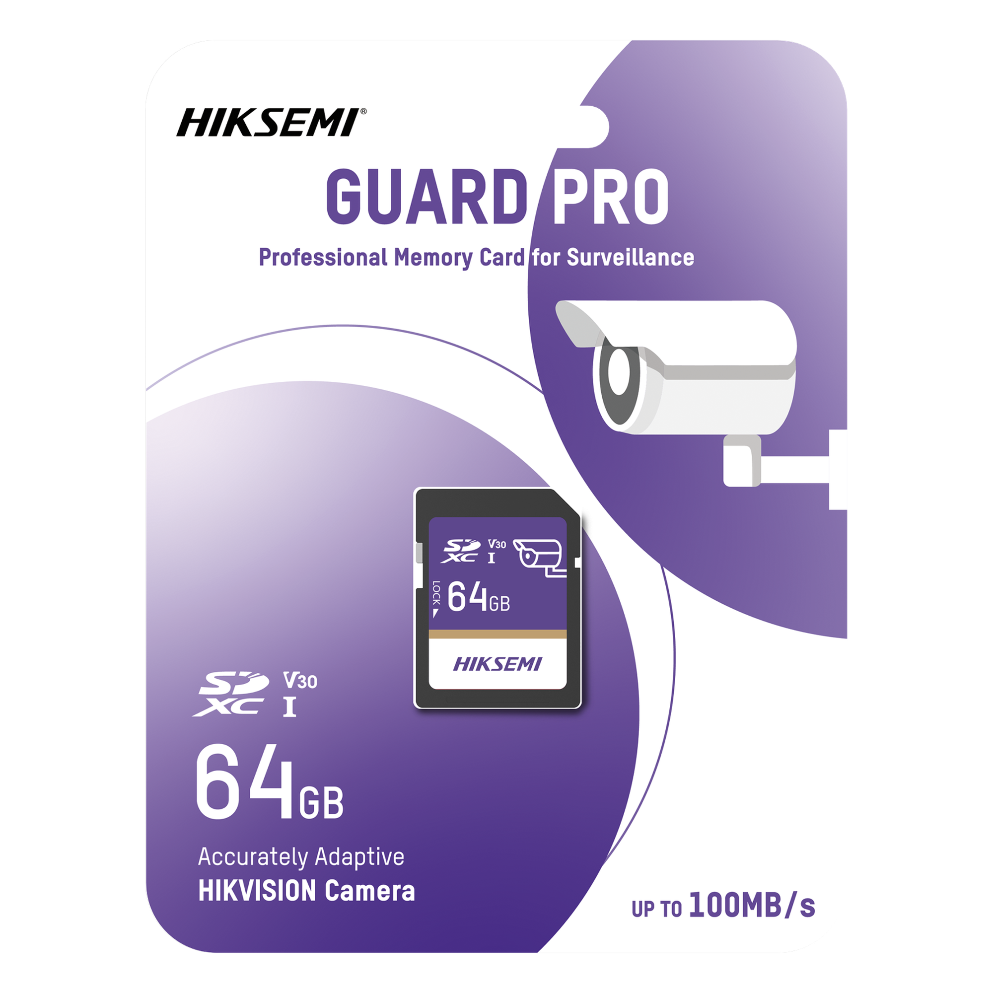 Tarjeta SD / 64 GB / Lectura 100 MB/s / Escritura 90 MB/s / Clase 10 U3 V30 / 3D TLC NAND / -25°C a 85°C (-13°F a 185°F) / Videovigilancia 24/7
