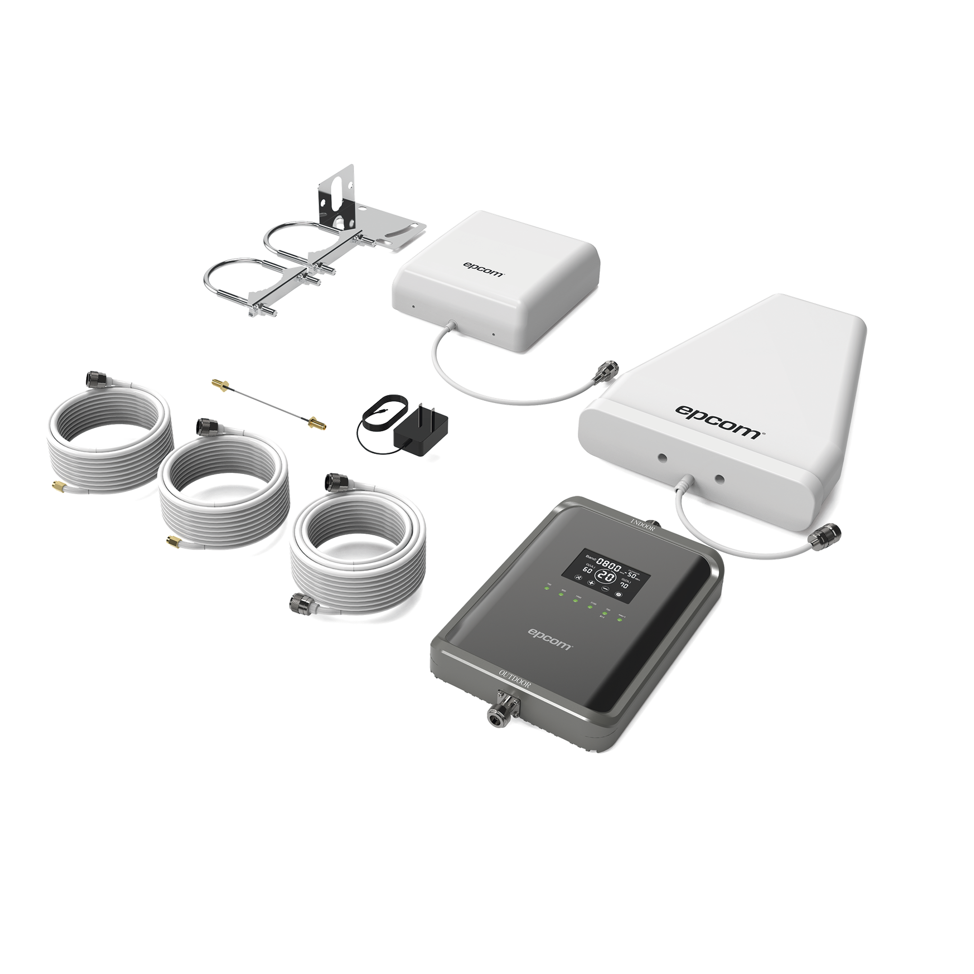 Kit Amplificador de Señal Celular 2G, 3G, 4G y 5G / Mejora llamadas convencionales y VoLTE / Amplifica señal de TELCEL, AT&T, MOVISTAR, BAIT,DiRi y más / Cubre hasta 300 m² con una antena y hasta 600 m² con 2 antenas. — EPCOM · SKU EP-5G-PBS
