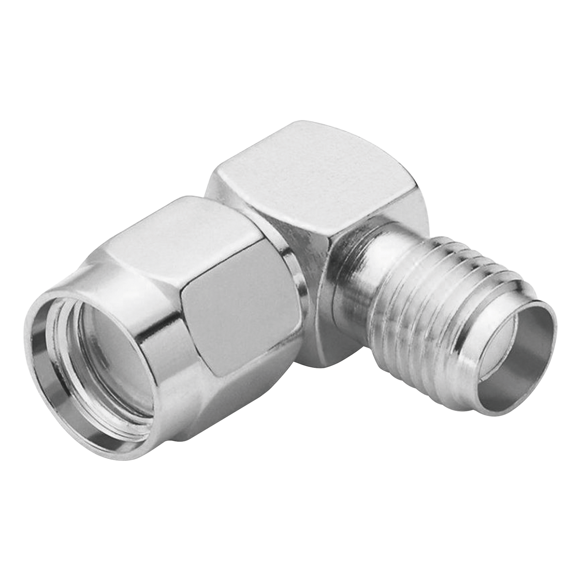 Adaptador en Ángulo Recto de Conector SMA Macho Inverso a SMA Hembra, Níquel/ Oro/ Teflón. — RF INDUSTRIES,LTD · SKU RP-3402
