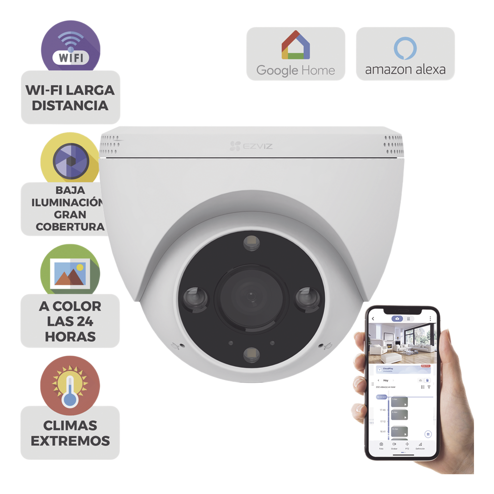 Domo IP 3 Megapíxel (2K) / Wi-Fi / Sirena y Estrobo /Audio de Dos Vías / Detección Humana y Vehiculo / Notificación Push / Audios Personalizables / Ranura Para Memoria hasta 512GB / Uso en Exterior IP67 — EZVIZ · SKU CS-H4