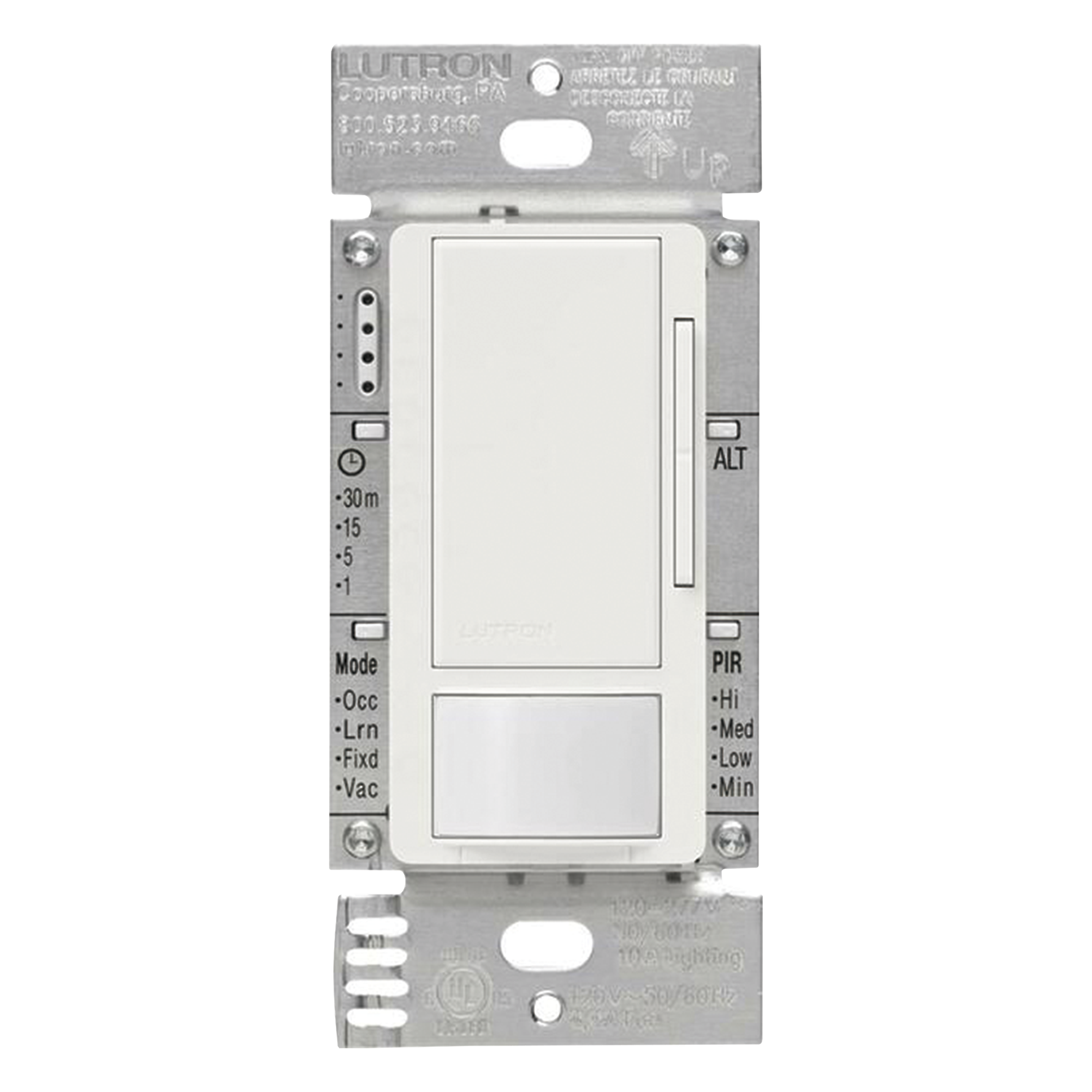 Atenuador 0-10 V con sensor de presencia Maestro para balastros electrónicos y drivers LED, 120-277 V, 8 A, tecnología XCT, unipolar o 3 vías, color blanco — LUTRON ELECTRONICS · SKU MSZ101WH