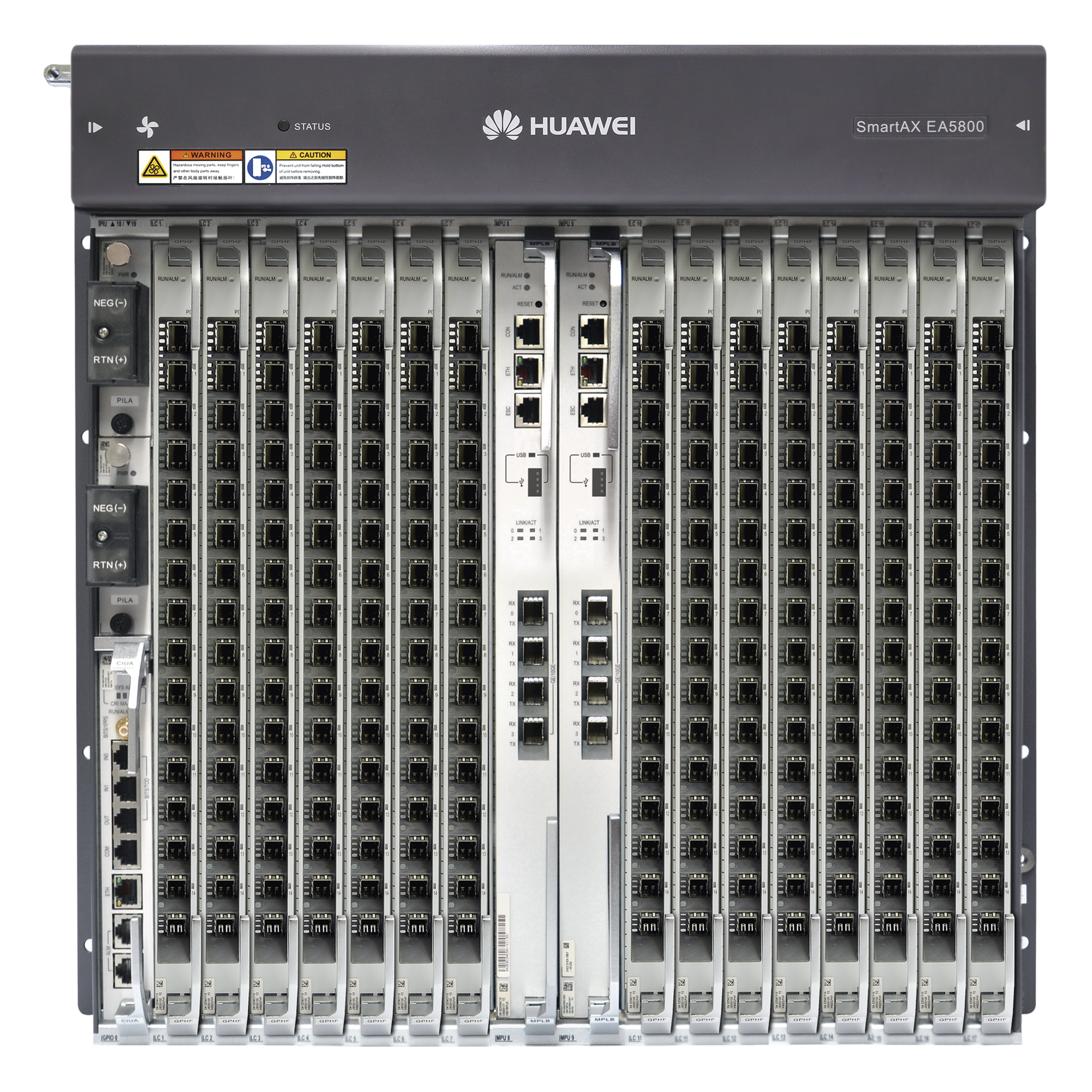 OLT GPON OptiXAccess Carrier Class con 1 tarjeta de 16 puertos GPON, 15 ranuras, 2 Fuentes de alimentación DC, 11 UR — HUAWEI · SKU EA5800-X15