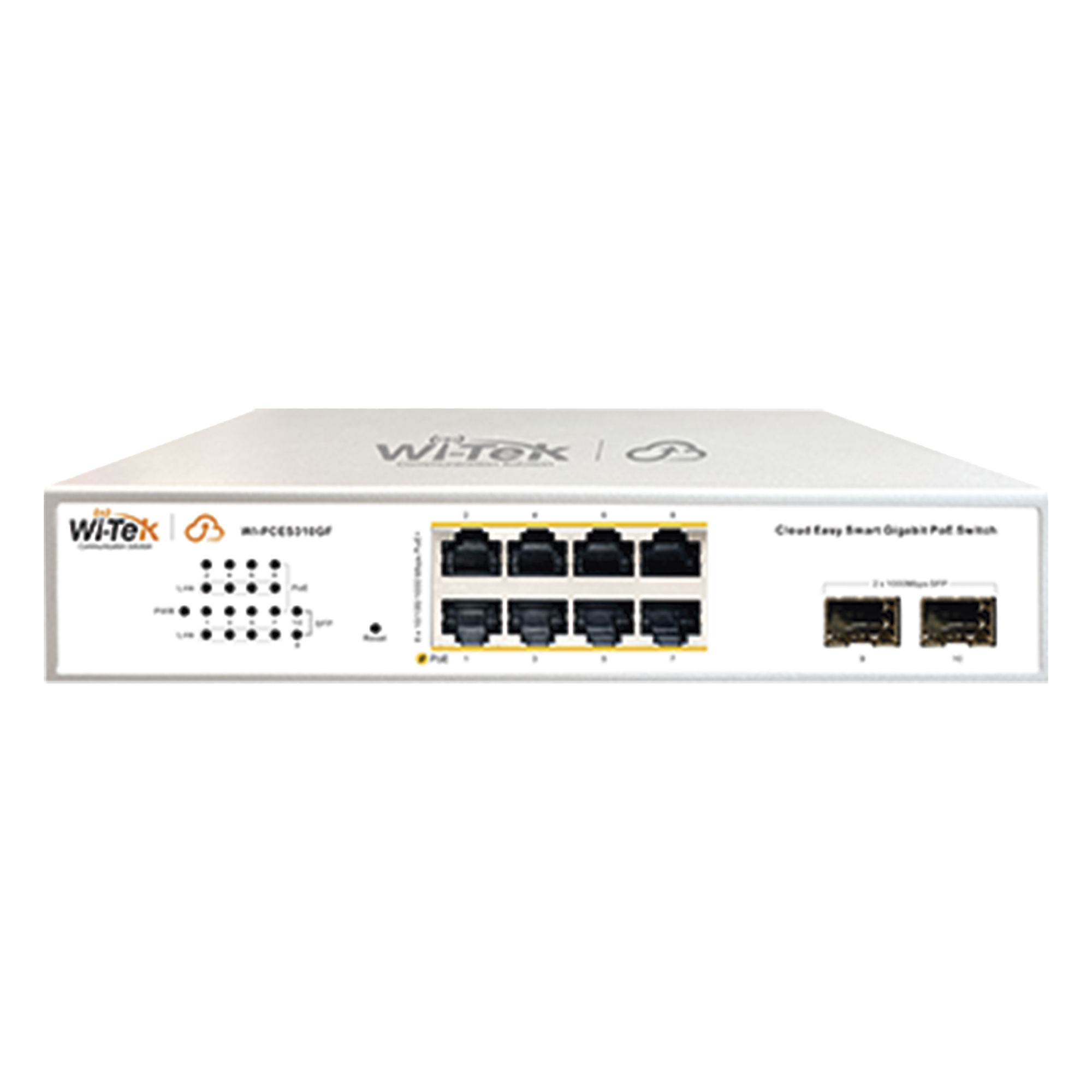 Switch PoE Administrable / 8 Puertos Gigabit PoE af/at / 2 x SFP Gigabit / Presupuesto PoE 120 W / Administración Cloud — WI-TEK · SKU WI-PCES310GF