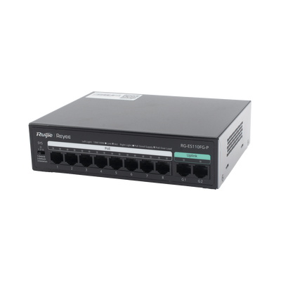 Switch PoE+ no Administrable, hasta 110 Watts, 8 puertos PoE+ 10/100 y 2 Uplinks Gigabit 1G