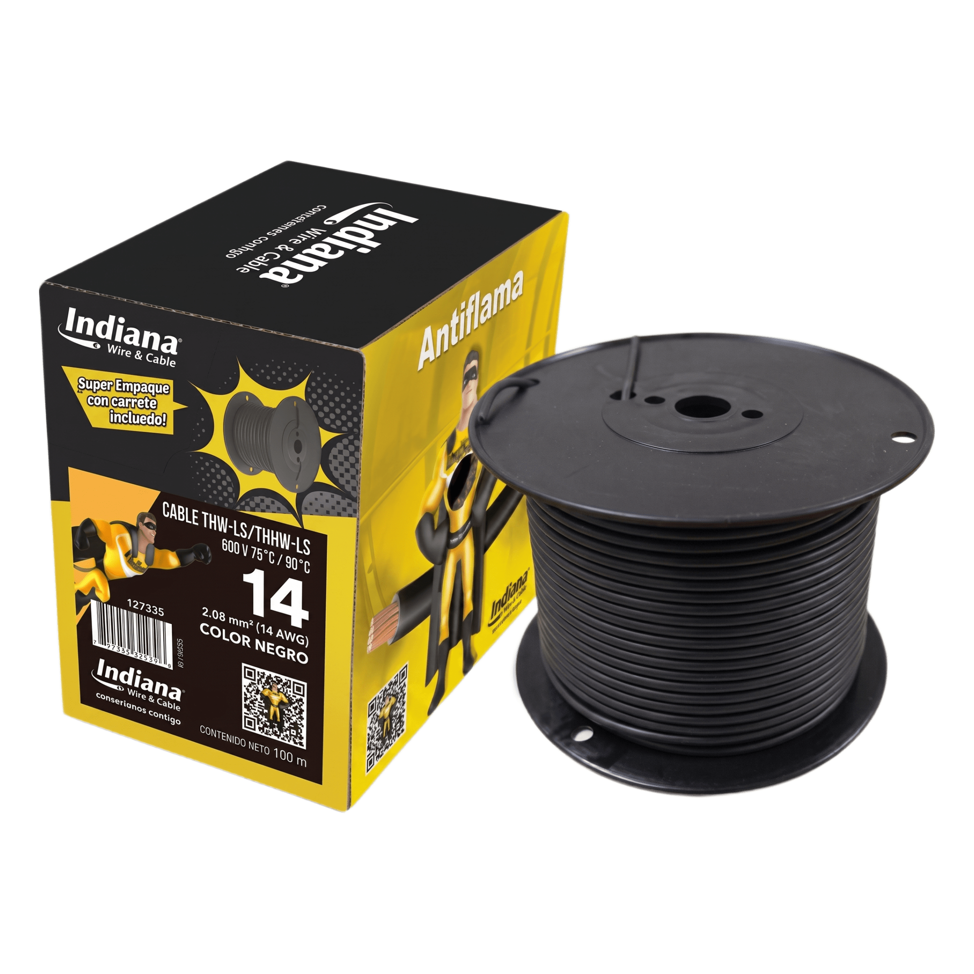 Cable THW-LS / Calibre 14 AWG / 19 Hilos / Color Negro / Bobina 100 m (328 ft) — INDIANA · SKU SLY-312-BLK/100