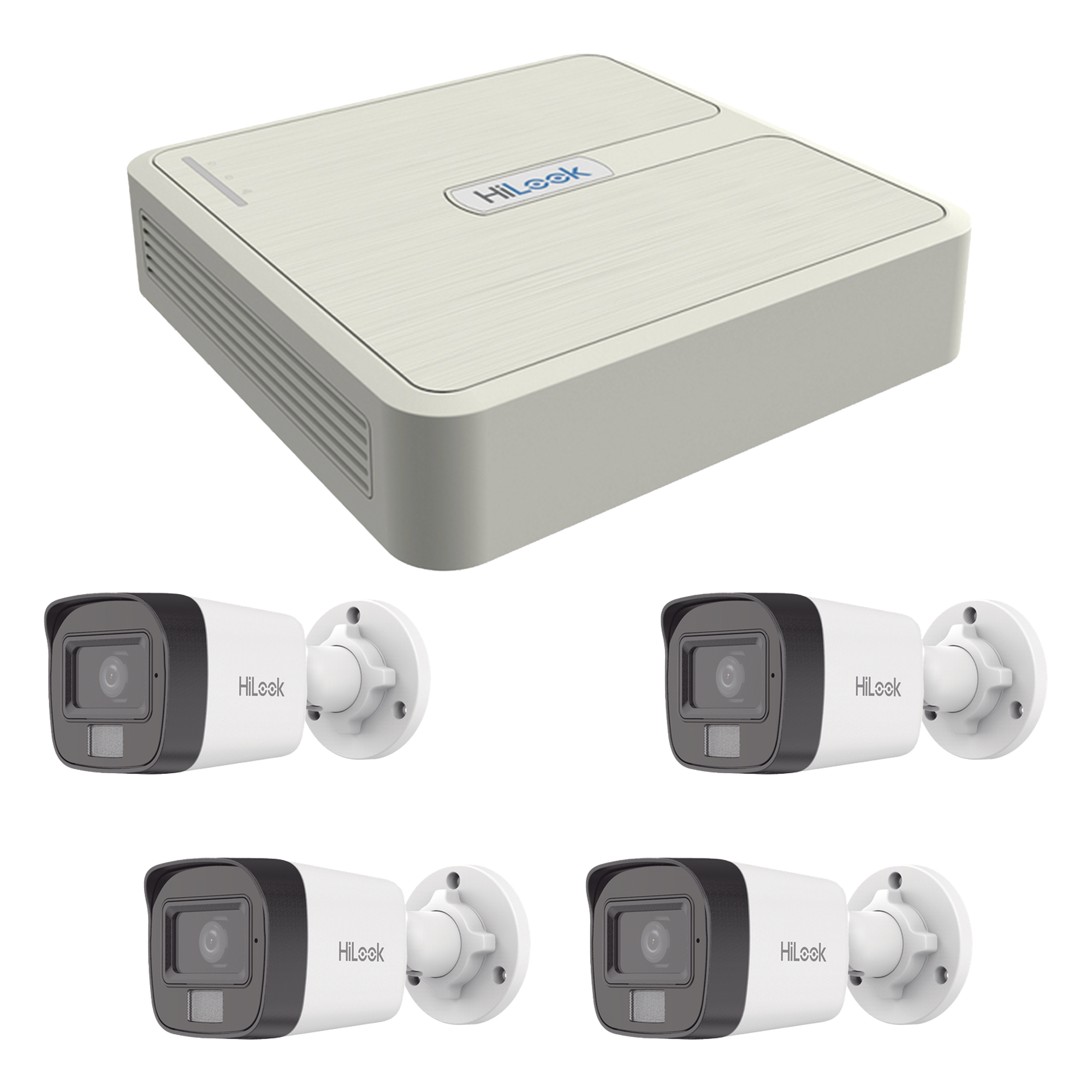Kit IP 4 Megapixel / NVR de 4 Canales con 4 Puertos PoE / 4 Cámaras IP Dual Light con Micrófono Integrado / Bala para Exterior — HiLook by HIKVISION · SKU KIP4MP/4B