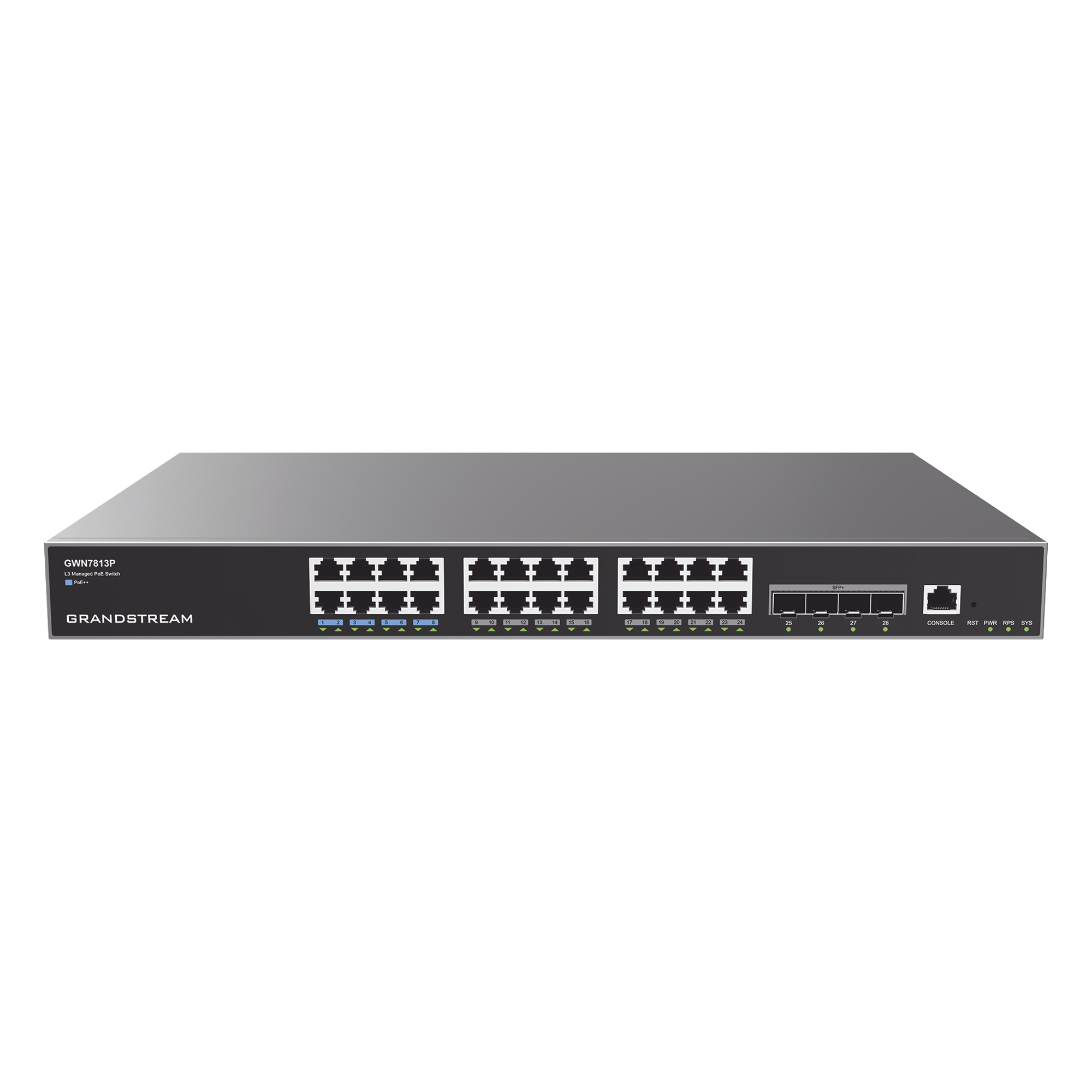 Switch Capa 3 PoE+ Administrable / 24 puertos Gigabit / 4 puertos SFP+ 10G / 360W PoE / 128 Gbps / 95.232 Mpps / 1.18 pies (0.36 m) de profundidad — GRANDSTREAM · SKU GWN7813P