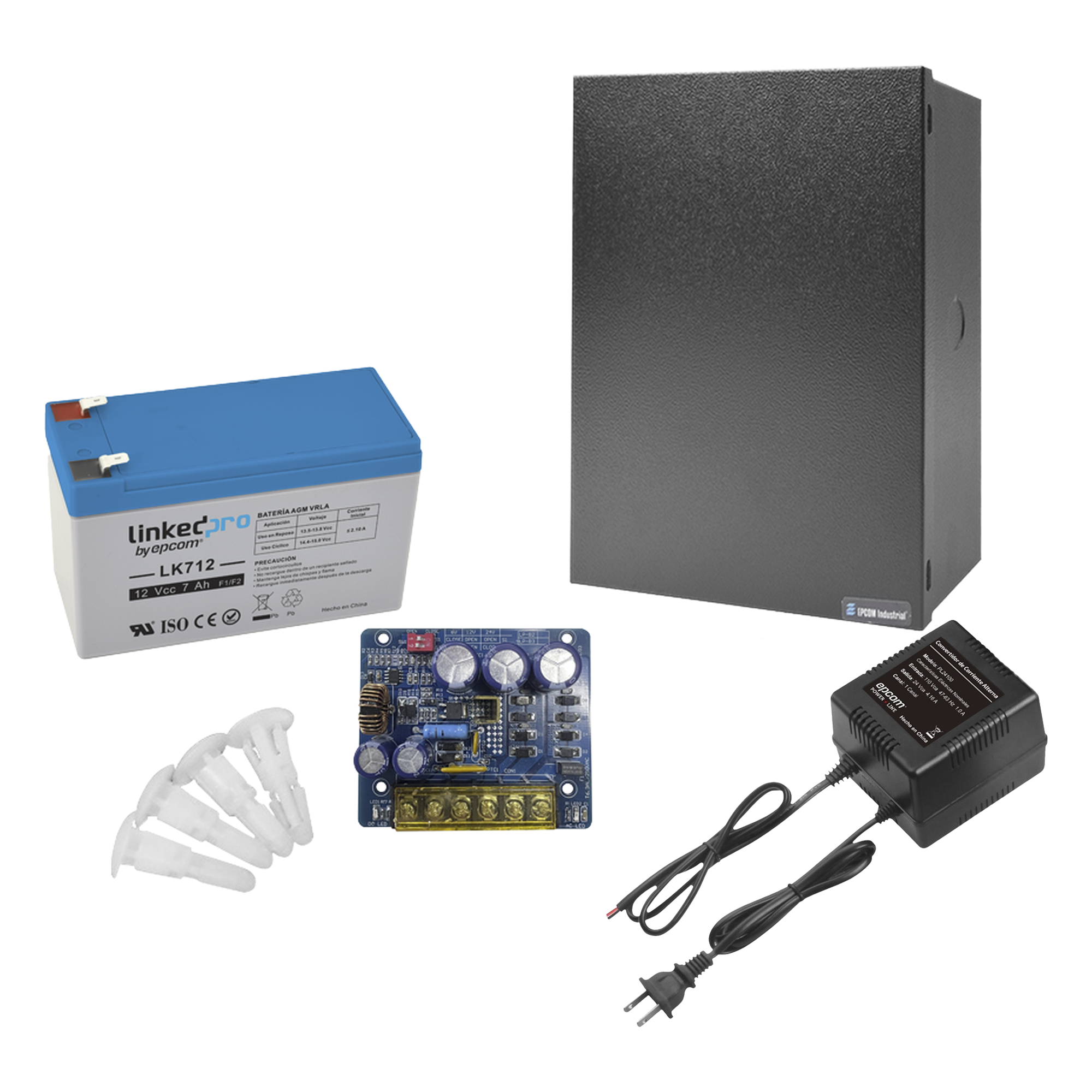 Kit con fuente PLB3 con salida de 12 Vcc a 4 Amper, incluye transformador y batería de 12 V a 7 Amper — EPCOM POWERLINE · SKU KIT16B3LK7