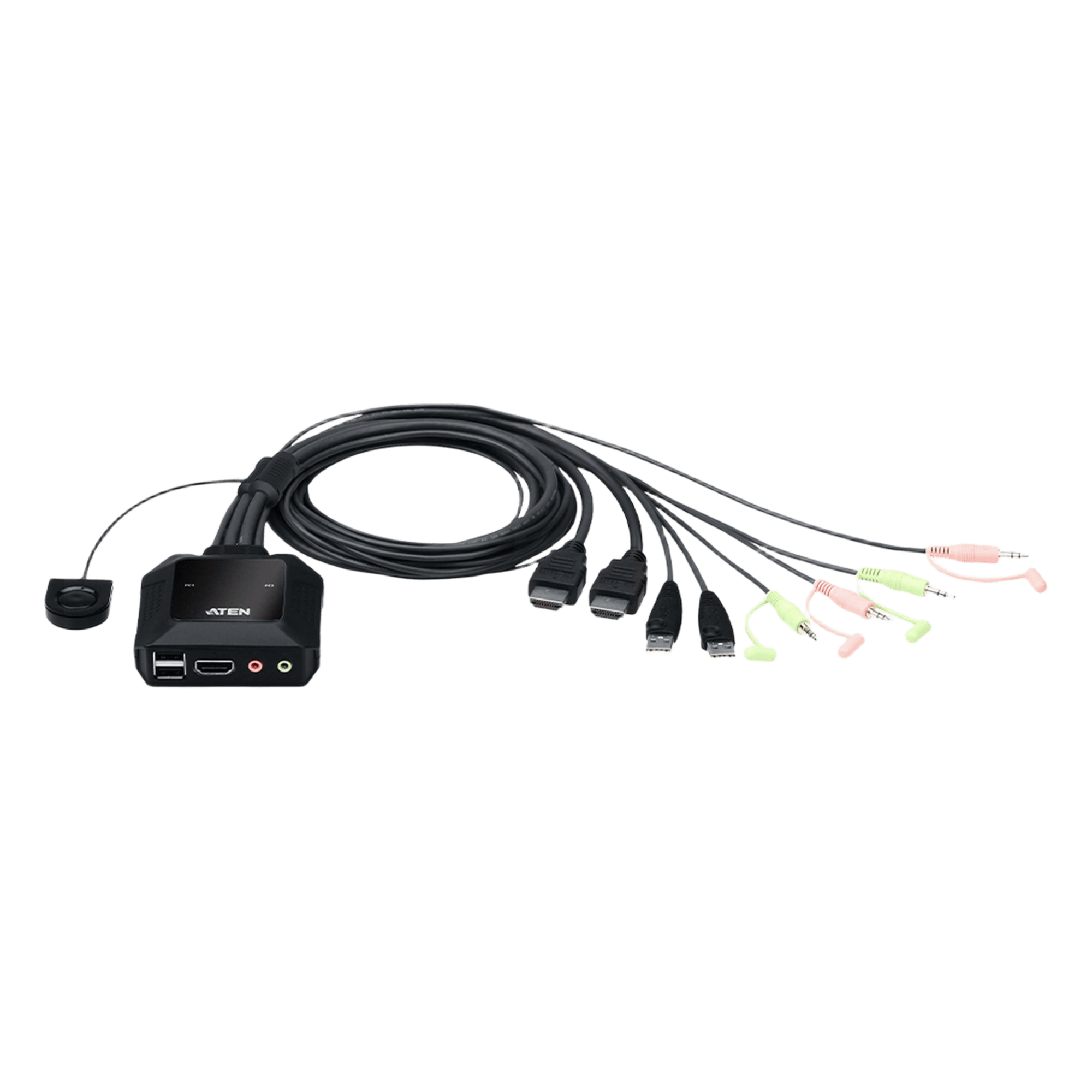 Conmutador KVM con cable HDMI 4K USB de 2 puertos con selector de puerto remoto |  4096x2160 @ 60Hz (4K DCI) | HDCP 2.2 |  Jack 3.5mm (Audio/Micrófono) | Conecta y controla 2 equipos con un solo monitor, teclado y mouse — ATEN · SKU CS22H