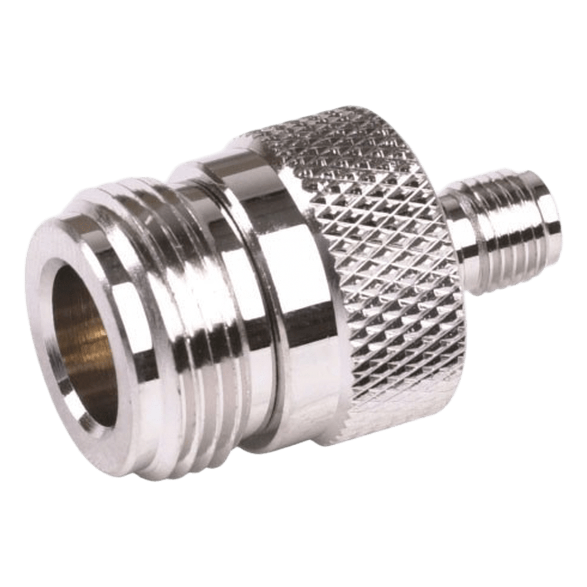 Adaptador RF en Línea / Conector SMA Hembra a N Hembra / Cuerpo Bronce Niquelado / Contacto Oro / Aislante Teflón — RF INDUSTRIES,LTD · SKU RSA-3477