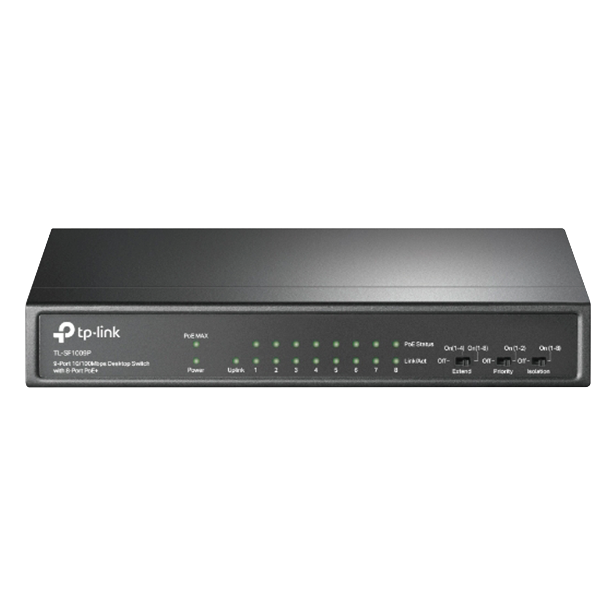Switch PoE+ No Administrable / De Escritorio 9 puertos 10/100 Mbps / 8 puertos PoE af/at Inteligente / Presupuesto 65 W / Hasta 250 metros — TP-LINK · SKU TLSF1009P