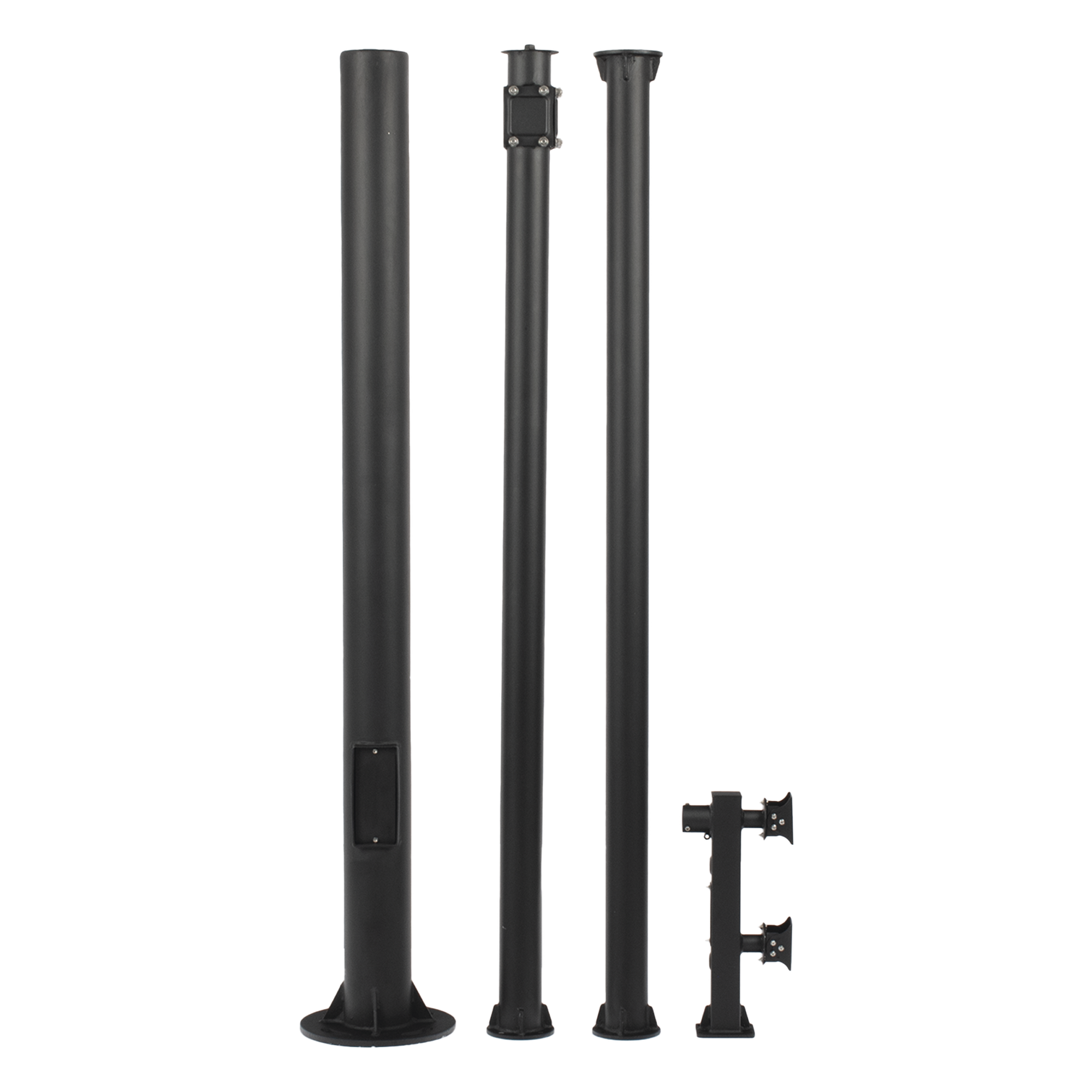 Poste Seccionado para Videovigilancia / 6 m (19.7 ft) / 3 Secciones / Base 140 mm / Espesor 3 mm / Brazo PTZ 500 mm / IP con Sellos / Color Negro — SYSCOM VIDEO · SKU XGA-POLE-6MS