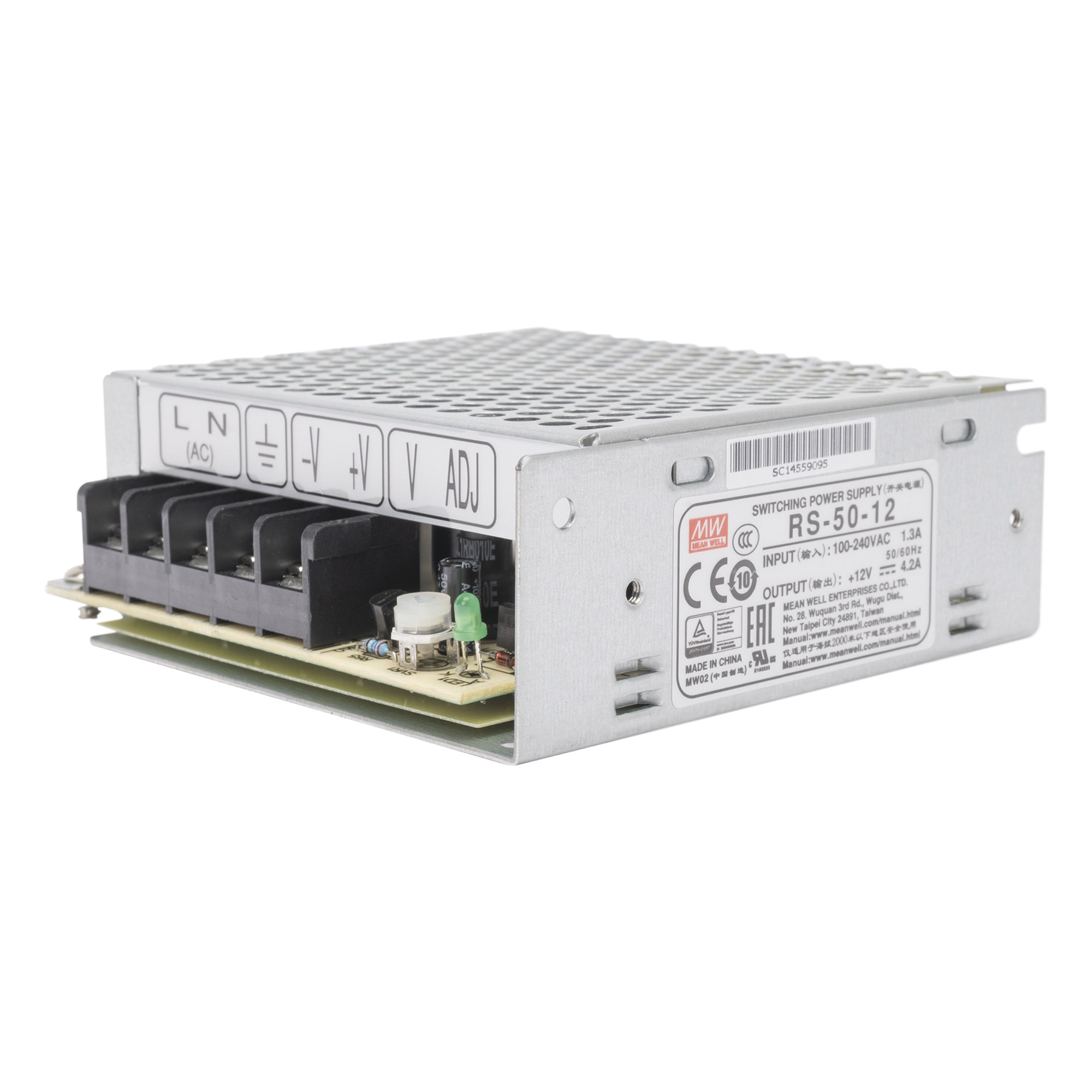 Fuente de poder industrial conmutada / 50W / 12Vcc / 4.2A / Entrada: 100-240Vca / Montaje en chasis — MEANWELL · SKU RS-50-12