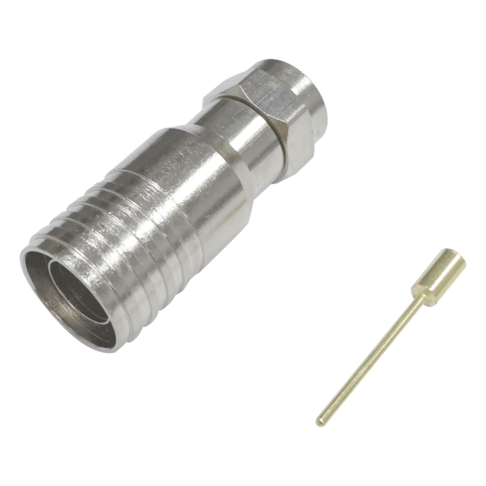 Conector F Macho en 75 Ohm, Plegable para Instalar en Cables Coaxiales RG-11, Cuerpo de Bronce-Niquelado/ Teflón. — EPCOM TITANIUM · SKU TT11-F03