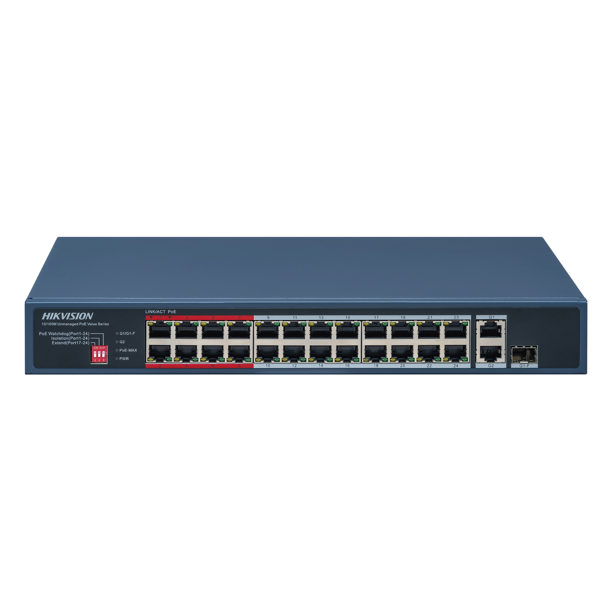 Switch PoE+ / No Administrable / 24 Puertos 10/100 Mbps PoE+ / 2 Puertos 1000 Mbps Uplink / 1 Puerto SFP Uplink / Modo Extendido hasta 300 Metros / 230 W — HIKVISION · SKU DS-3E0326P-E/M(C)