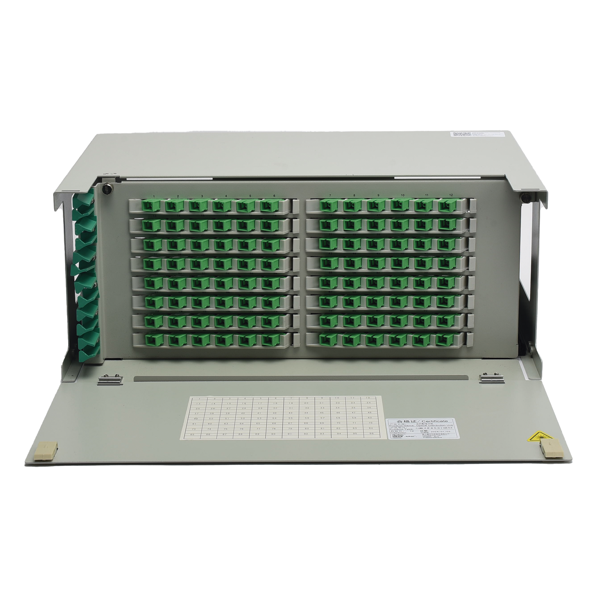 Distribuidor de Fibra Óptica para 96 Empalmes, con 96 Acopladores SC/APC y 96 Pigtails, 19, 4 UR — FIBERHOME · SKU ODU19RP-CSS96-B