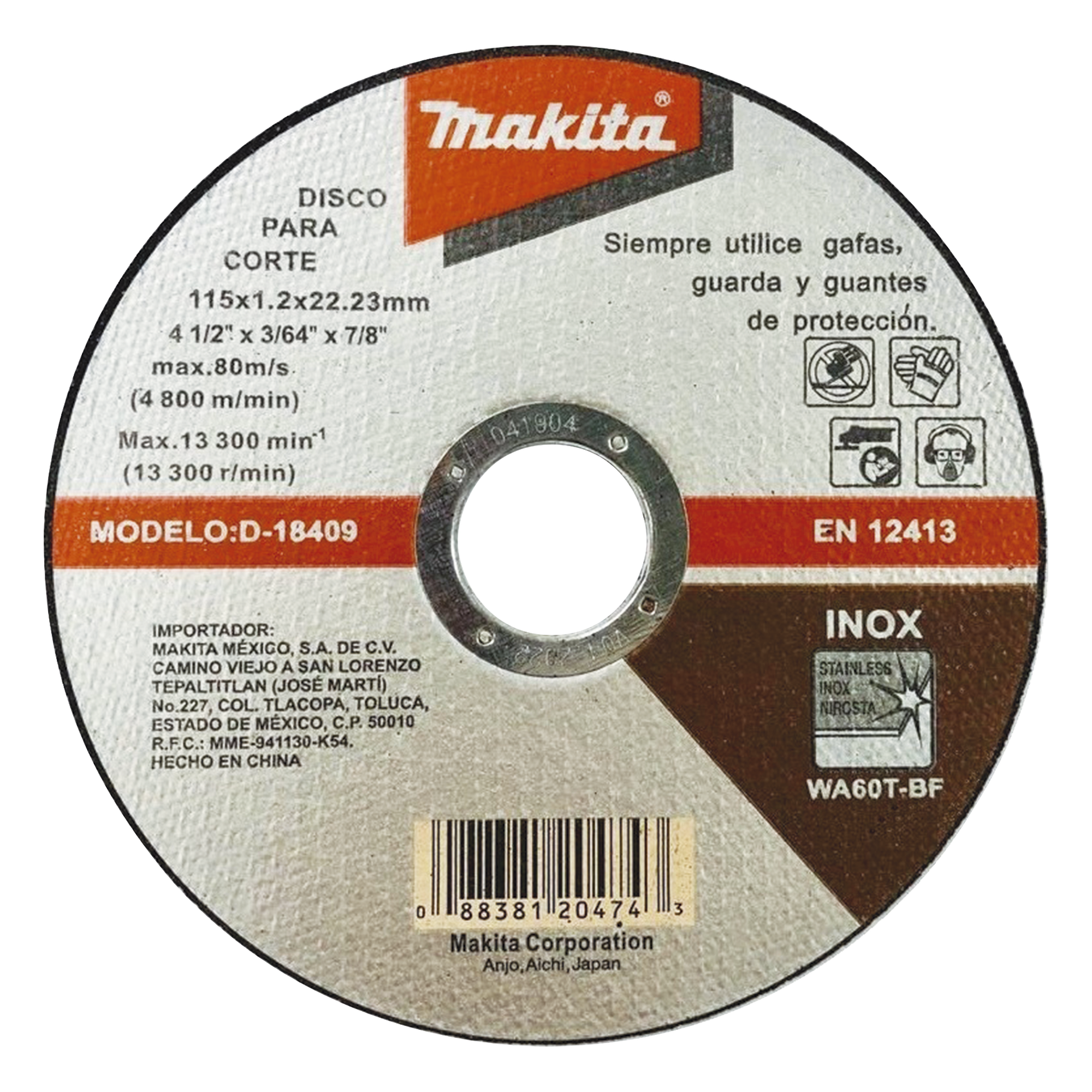  Disco de Corte de 7/8" de acero inoxidable, diámetro de 4-1/2"  — MAKITA · SKU D18409