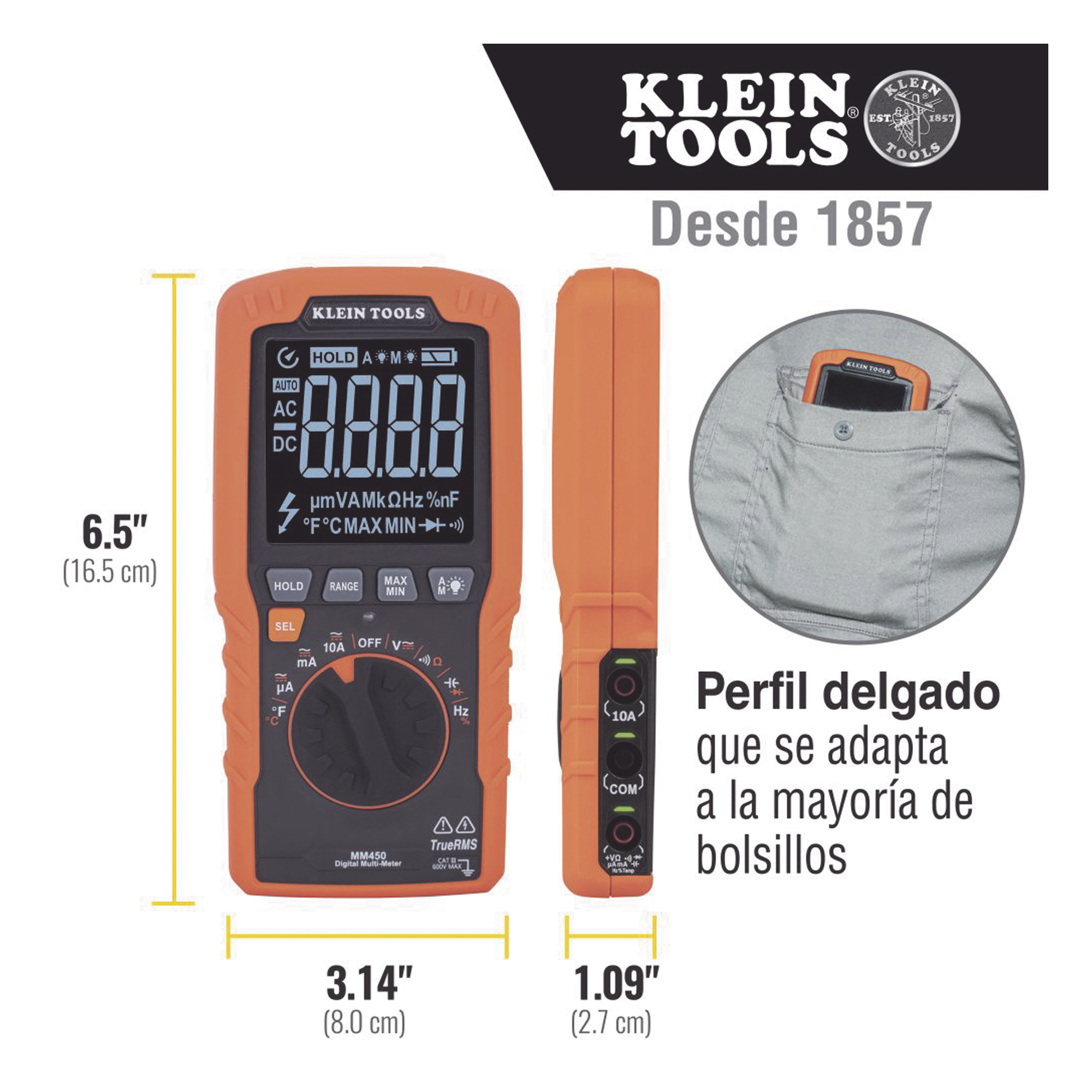 Multímetro Digital Esbelto de Rango Automático con TRMS 600V y Medición de Temperatura
