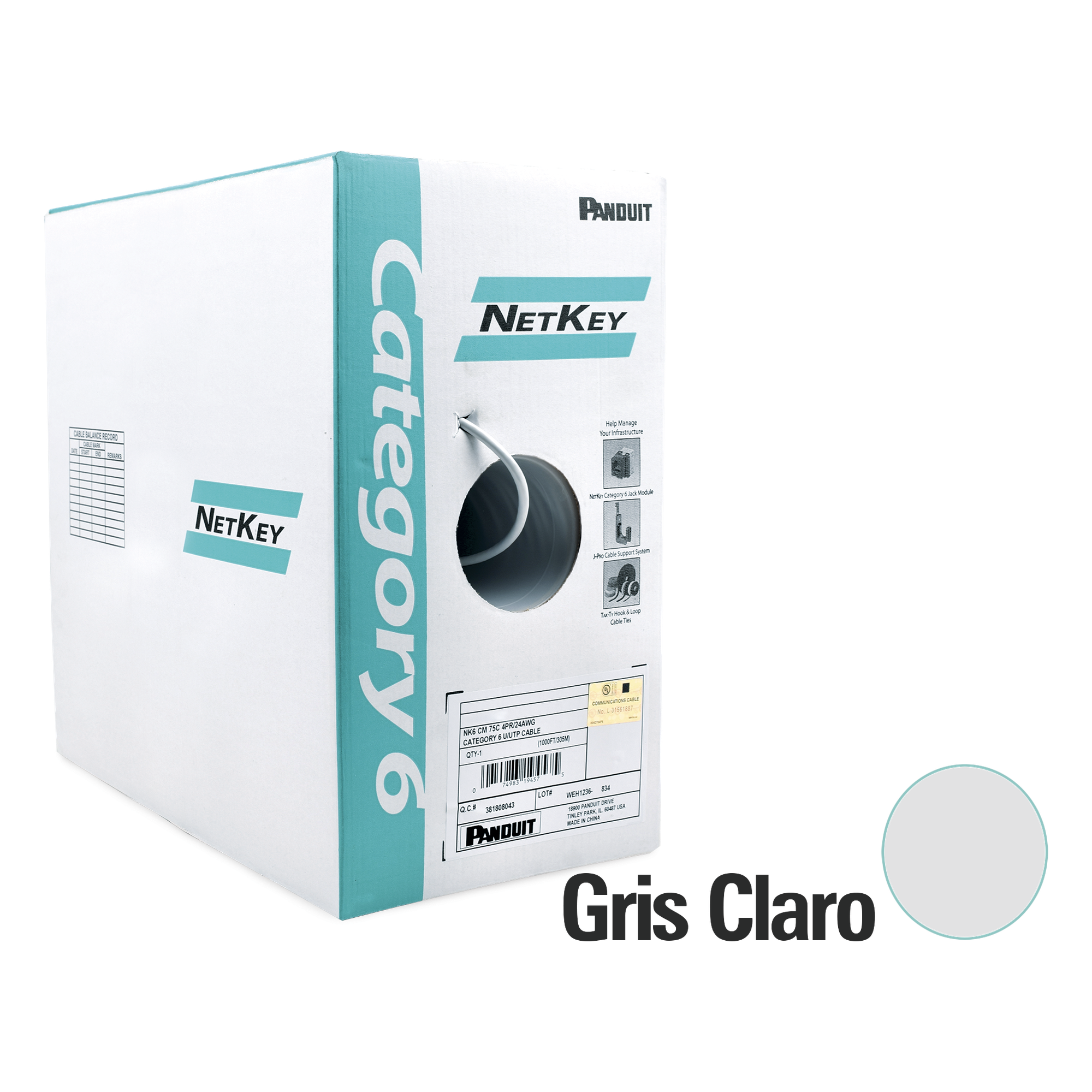 Bobina de Cable UTP de 305 Metros (1000 Pies) de Cobre, NetKey, Gris Claro, Categoría 6 (24 AWG), 1000Mbps, Riser (CMR), de 4 Pares — PANDUIT · SKU NUR6C04IG-C