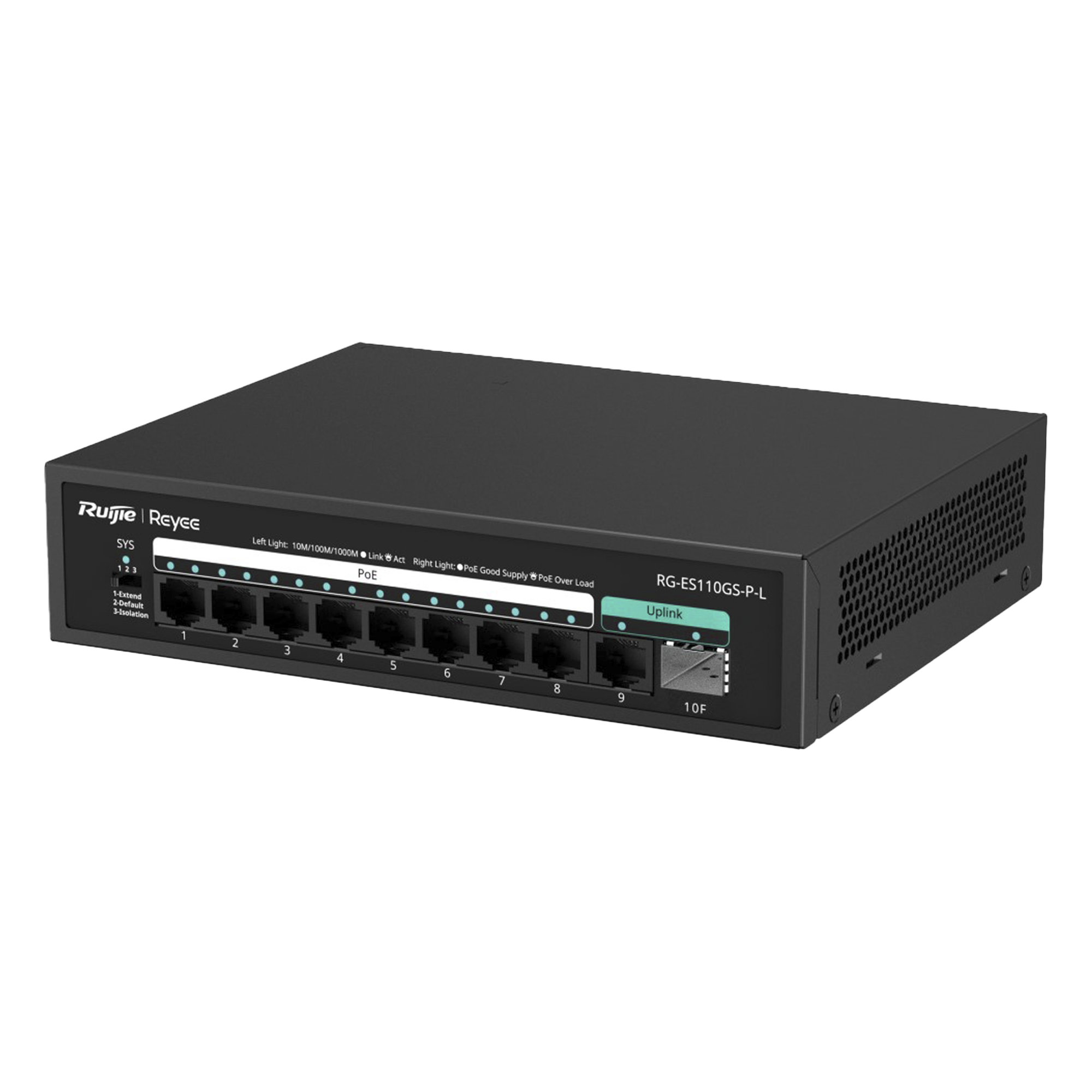 Switch PoE+ / 8 Puertos Gigabit / 2 Uplink GE+SFP / 120W / Sin Ventilador / 20 Gbps / 4 kV — RUIJIE · SKU RG-ES110GS-P-L