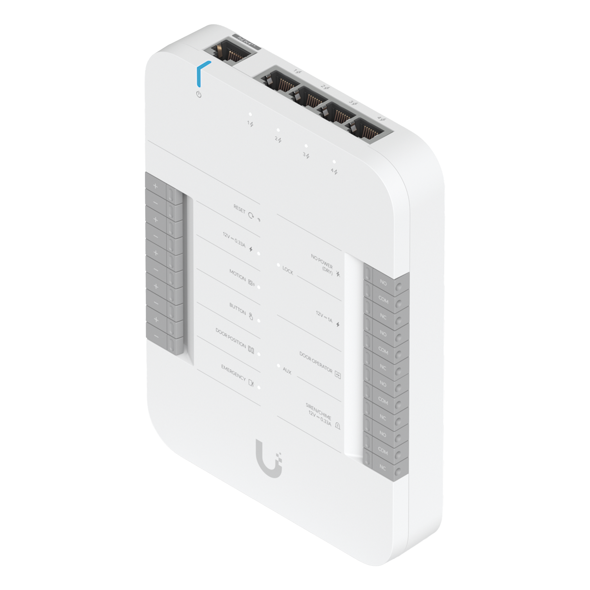 Controlador de Acceso IP / 2 Lectores / 2 Cámaras / 5 Puertos Gigabit / PoE++ 802.3bt / 4 Entradas de Sensor / 2 Terminales AUX