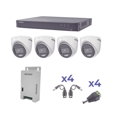 KIT COLORVU TURBOHD 1080p / DVR 4 Canales / 4 Cámaras eyeball (exterior) lente 2.8mm / Fuente de poder profesional / Transceptores de video y Accesorios de corriente — HIKVISION · SKU KH1080P4EC