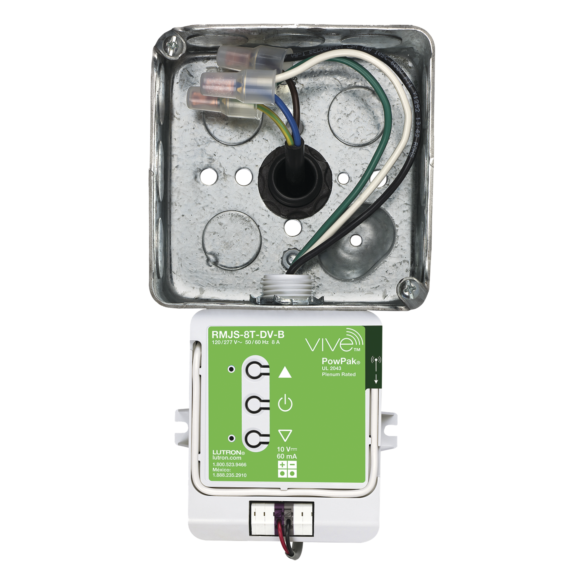 Módulo de atenuación inalámbrico PowPak con control 0-10 V, 8 A, 120/277 V, para balastros y drivers LED, compatible con controles Pico, sensores Radio Powr Savr y hub Vive — LUTRON ELECTRONICS · SKU RMJS8TDVB