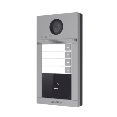 Videoportero IP 2 Megapixel / Llamada y Apertura Remota desde App Hik-Connect (Requiere monitor )/ PoE / Exterior IP65 + Antivandalico IK08 / 4 Departamento / Apertura con Tarjeta / Soporta 2 Puertas y hasta 6 Monitores