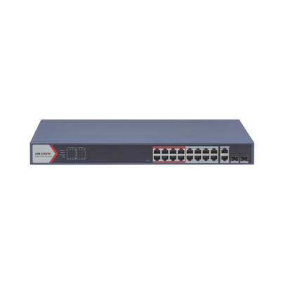 Switch PoE+ / Monitoreable / 16 puertos 10/100 Mbps PoE+ / 2 Puertos 1000 Mbps Uplink / 2 Puertos SFP de Uplink /  Configuración Nube Hik-Partner Pro / Modo Extendido hasta 300 metros / 230 W  — HIKVISION · SKU DS-3E1318P-EI(B)
