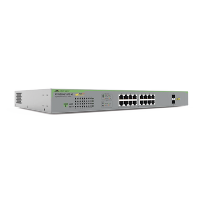Switch PoE+ Gigabit WebSmart de 16 puertos 10/100/1000 Mbps (2 x Combo) + 2 puertos gigabit SFP (Combo), 185 W — ALLIED TELESIS · SKU AT-GS950/18PS-V2-10
