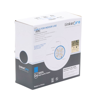 Cable Cat6+ Calibre 23 Alto Rendimiento, ETL, UL, Color Azul, de 100 Metros (328.08 Pies), Super Flexible, para Aplicaciones de CCTV, Video HD, y Redes de Datos.