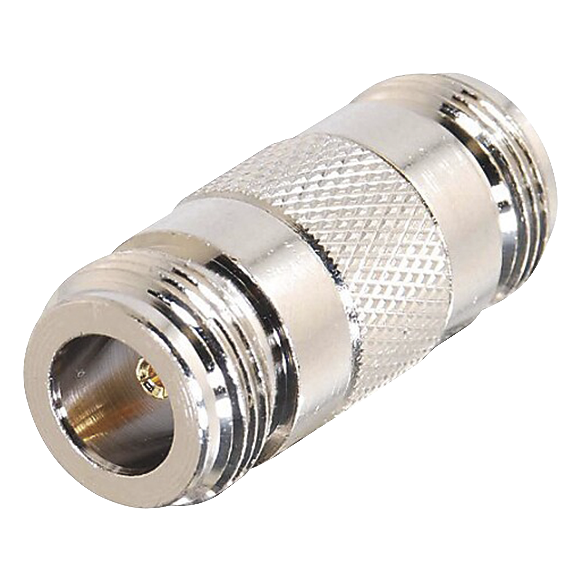 Adaptador Barril en Linea para 50 Ohm, de Conector N Hembra a N Hembra, Plata/ Oro/ Teflón. — RF INDUSTRIES,LTD · SKU RFN-1013-1