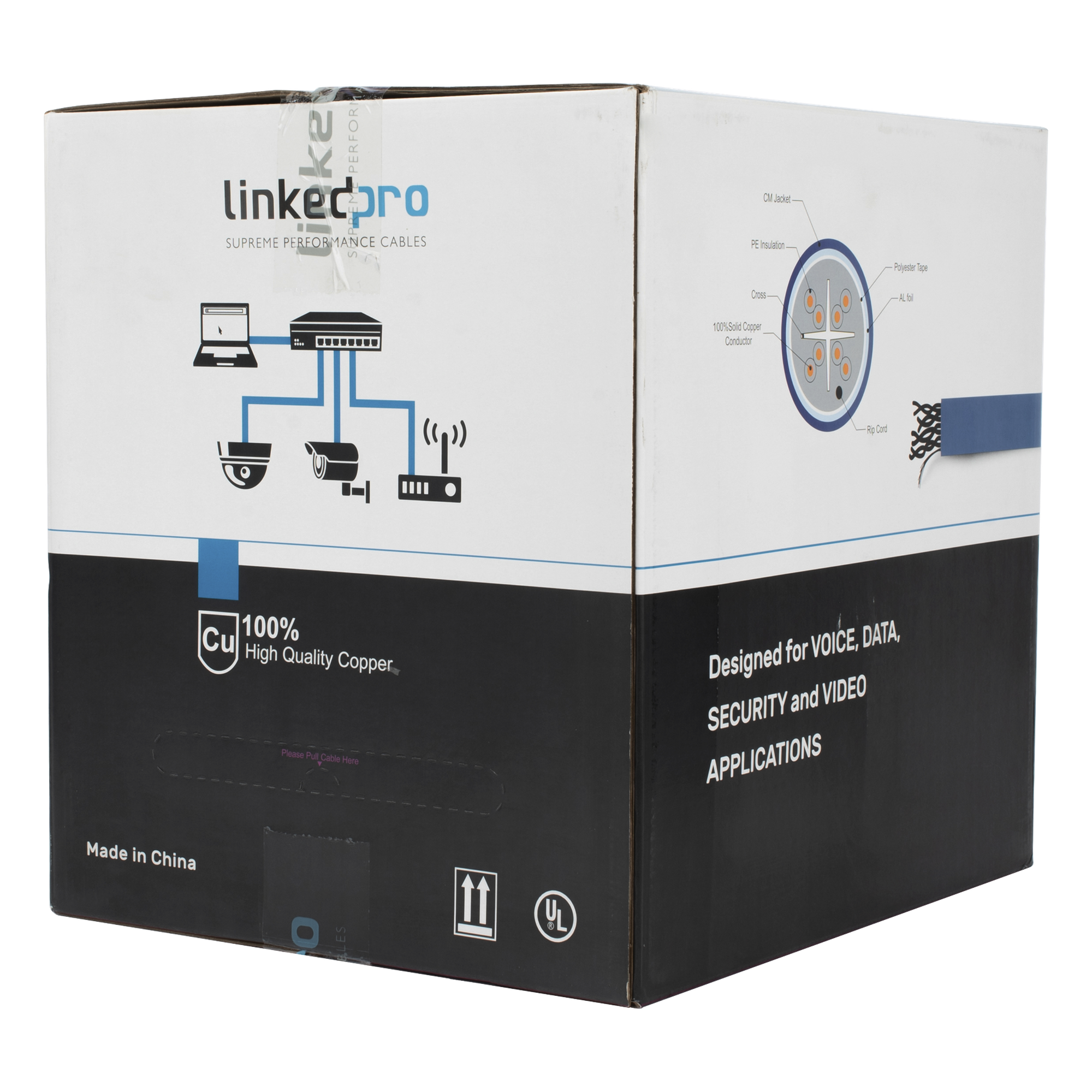 Bobina de Cable de 305 Metros (1000 Pies) Cat6+ Blindado F/UTP, CM, Calibre 23 Alto Rendimiento, ETL, UL, Color Azul, Super Flexible, para Aplicaciones de Video Vigilancia, Video HD, y Redes de Datos. Uso Interior. — LINKEDPRO BY EPCOM · SKU PRO-CAT6-S