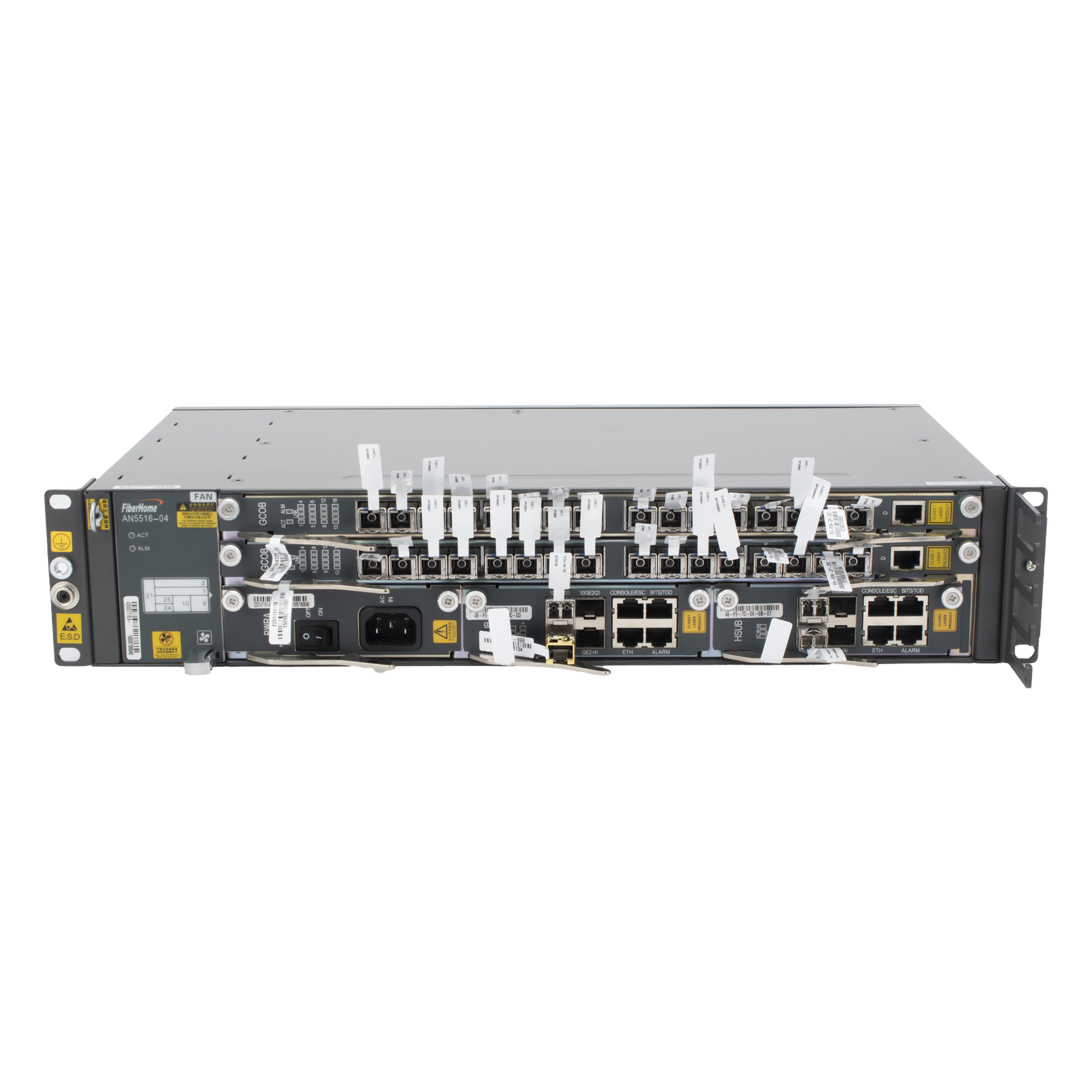 OLT Carrier Class Modular GPON, 2 Ranuras, Incluye 2 Tarjetas de Servicio de 16 puertos GPON, (32 Modulos GPON C+ Incluidos) 1 Fuente de CA, 2 UR, Incluye Instalación de software UNM2000, (Interoperabilidad con ONUs de Terceros sin Costo) — FIBERHOME · SKU AN5516-04-AC