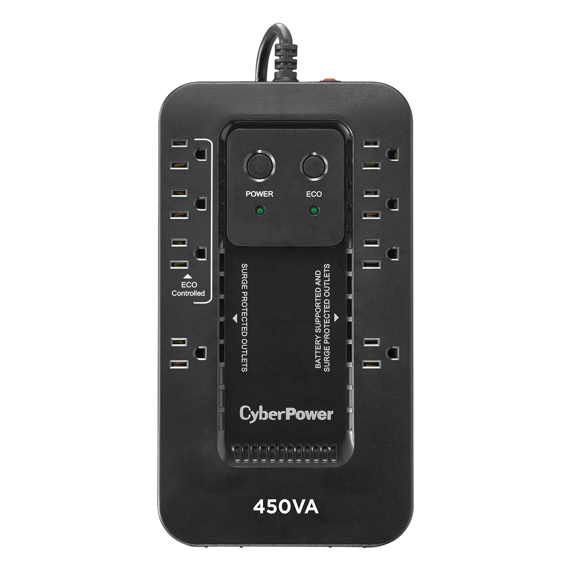 UPS de 450 VA/260 W, Topología Standby con Modo Ahorrador ECO, Entrada 120 Vca NEMA 5-15P, Con 8 Tomas NEMA 5-15R — CYBERPOWER · SKU EC450G