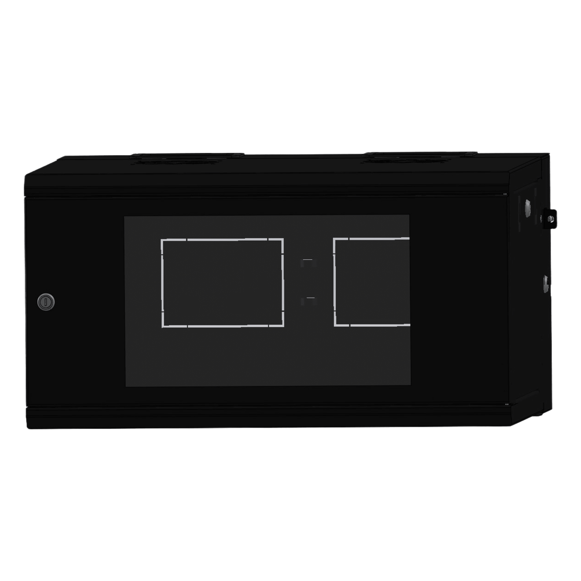 Gabinete Rackeable / 06 Unidades / Pared 19 Pulgadas / Puerta de Cristal / Pintura Electroestática Negro / Abatible 120° / Ventilación 120 mm