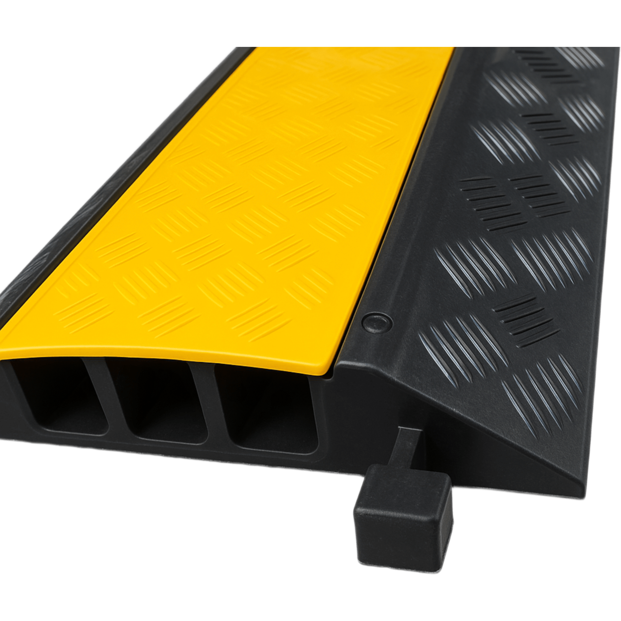 Protector de Cable de 3 Canales / Base de Goma y Tapa de Plástico / Tamaño del Canal 30x30mm / Capacidad de Carga 5 Toneladas / Longitud 90 cm / Ancho del Contorno 50 cm / Altura 4.5 cm / Color Amarillo-Negro / Material Hule — ACCESSPRO · SKU AC903-V2