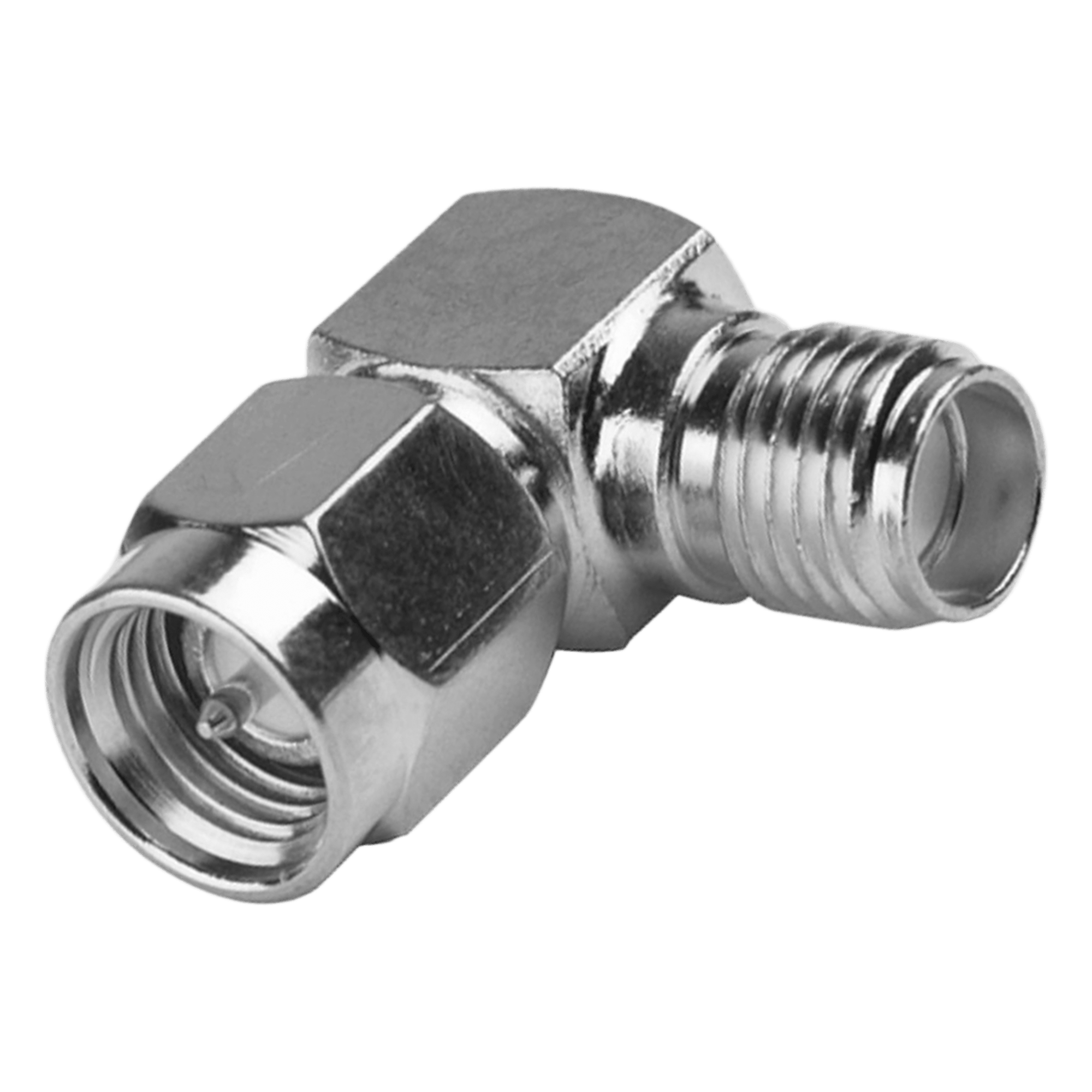 Adaptador en Ángulo Recto, de Conector SMA Macho a SMA Hembra Níquel/ Oro/ Teflón. — RF INDUSTRIES,LTD · SKU RSA-3402