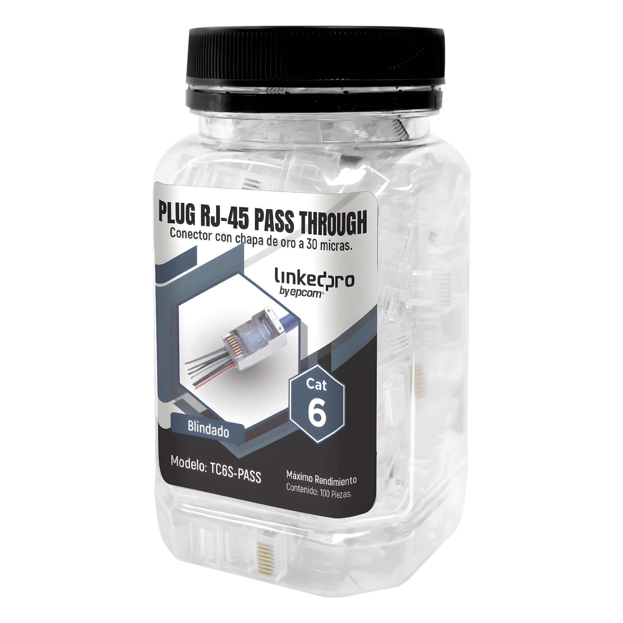 Bote con 100 Plugs Pass Through RJ45 Cat6 Blindado Chapado de Oro a 30 Micras para Durabilidad Extrema — LINKEDPRO BY EPCOM · SKU TC6S-PASS