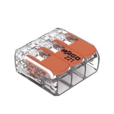 Borne de Conexión con Palancas / 3 Conductores / Carcasa Transparente / Tecnología CAGE CLAMP® / 4 mm² (12 AWG) / 450V 32A / T85 — WAGO · SKU 221-413