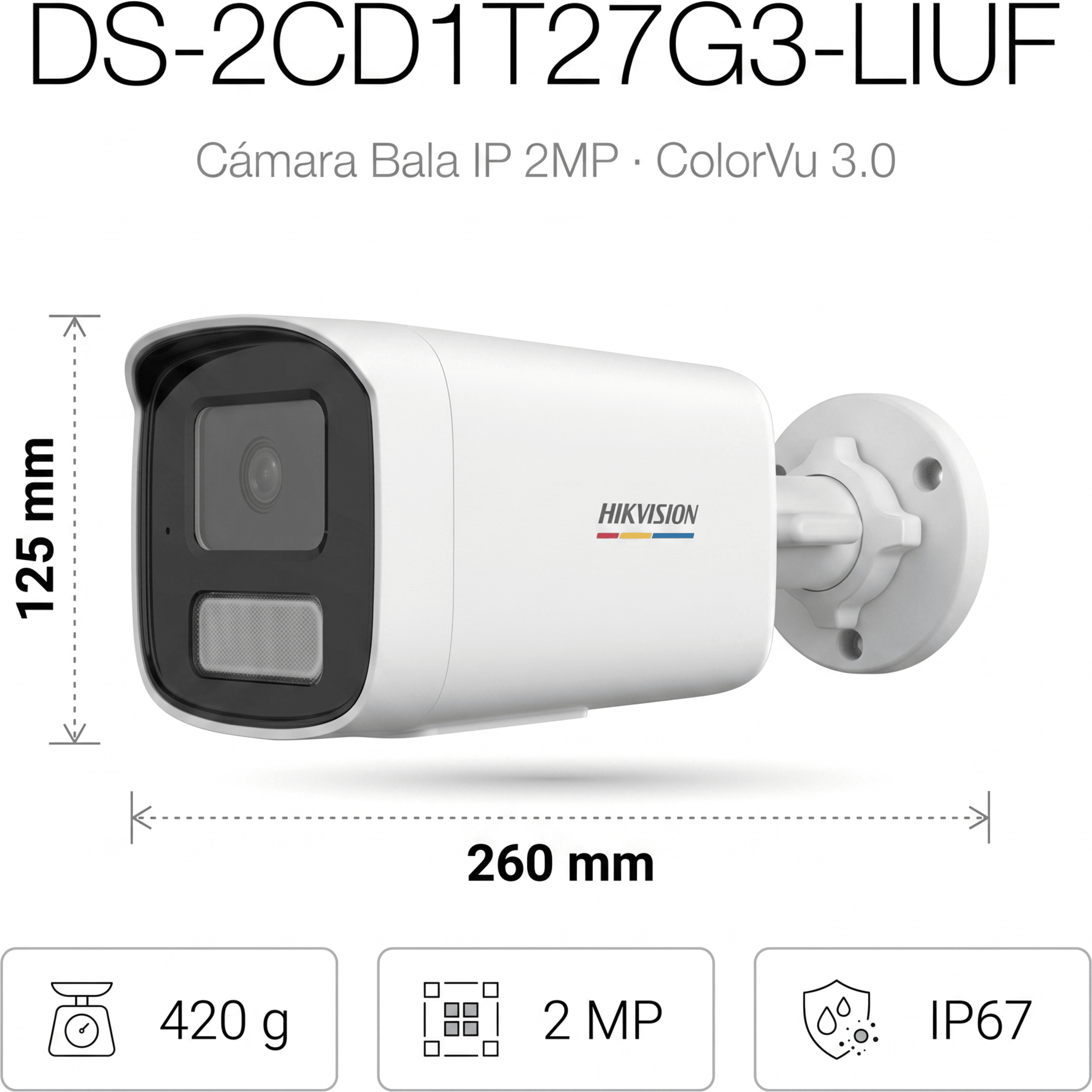 [ColorVu 3.0 + MD 3.0] Bala IP 2 Megapixel / Lente 4 mm / 50 mts IR + 50 mts Luz Blanca / Micrófono Integrado / Motion Detection 3.0 / Exterior IP67 / dWDR / PoE / Micro SD 